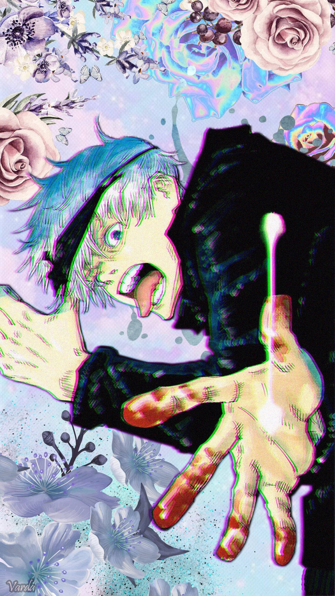 咒術迴戰 桌布 壁紙 — 一個風格化的動漫角色，藍色頭髮和大眼睛，在飄浮的粉彩花朵和蝴蝶中伸出發光的手。