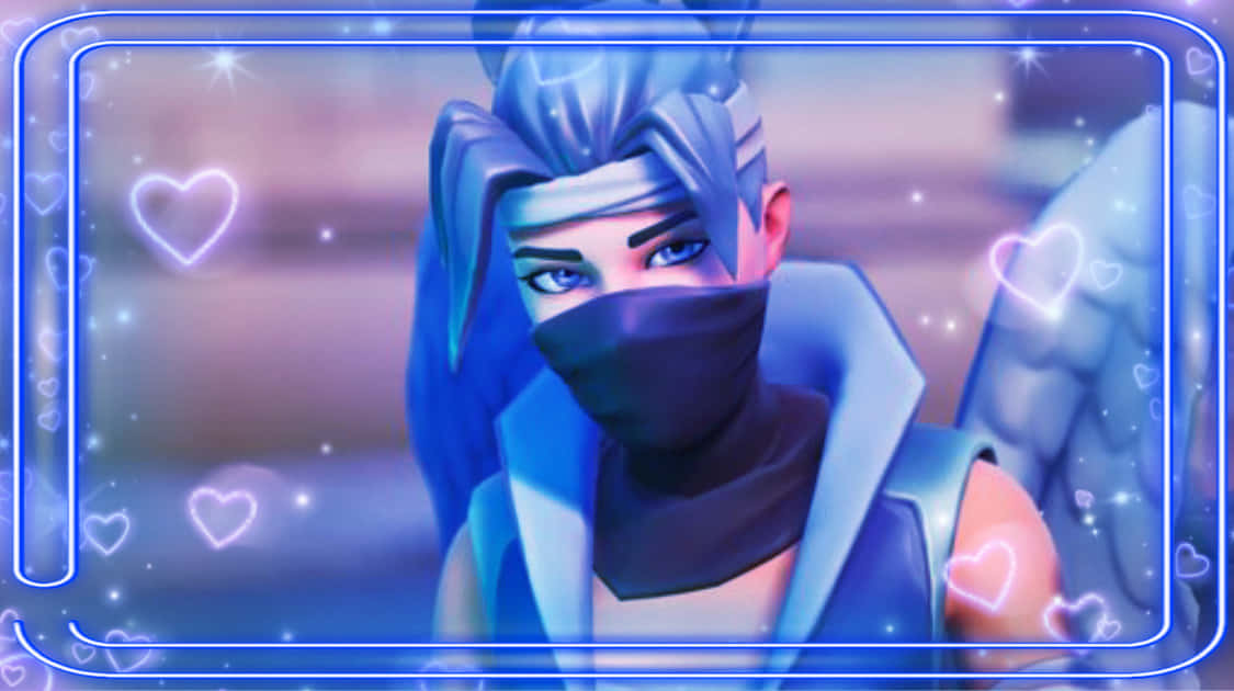 Fortnite 桌布 壁紙 — 一個風格化的動漫角色，藍色頭髮和面具，被發光的愛心和霓虹框架包圍。