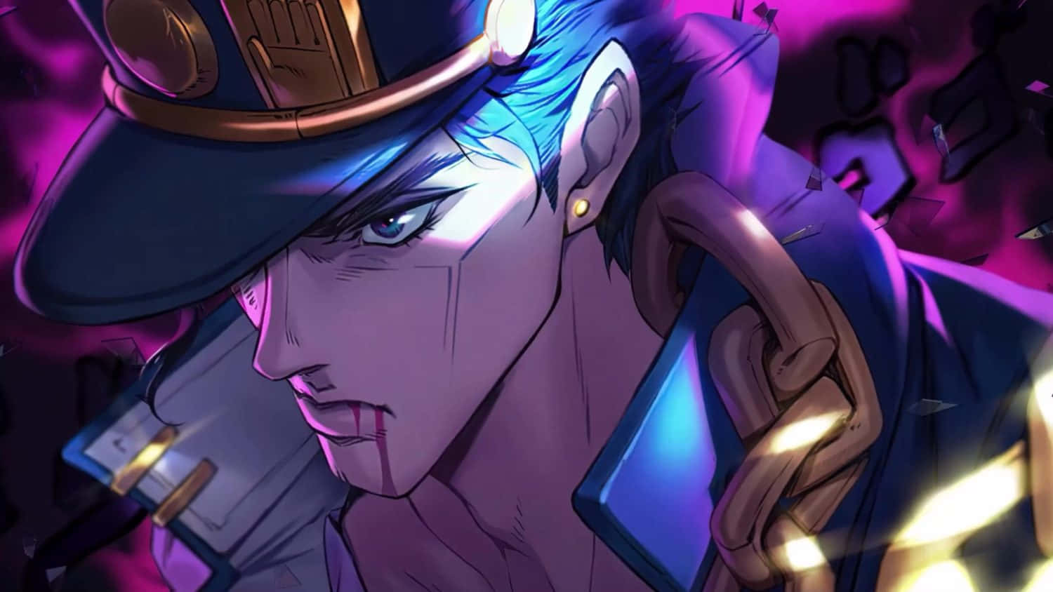 Jojo 桌布 壁紙 — 一個風格化的動漫角色，藍色頭髮和帽子，在充滿活力的紫色和粉紅色背景下強烈凝視。