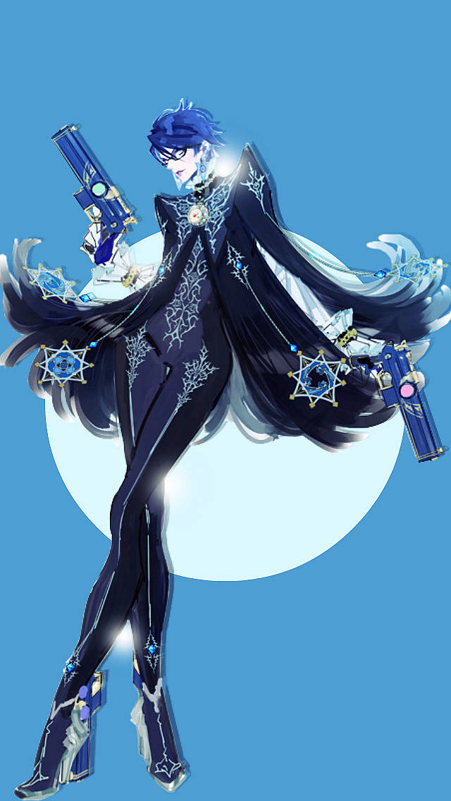 Bayonetta 桌布 壁紙 — 一個風格化的動漫角色，藍色頭髮和星星主題的槍支，站在明亮的藍色背景前，背景中有一個發光的月亮。