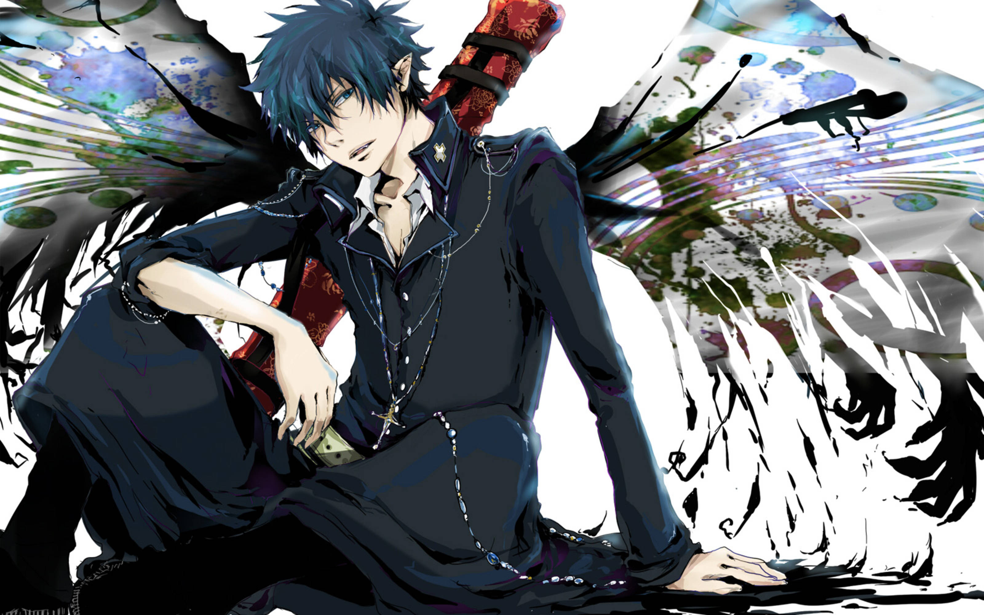 Blue Exorcist 桌布 壁紙 — 一個風格化的動漫角色，藍色頭髮和深色衣服，坐在混亂的彩色油漆和墨水飛濺中。