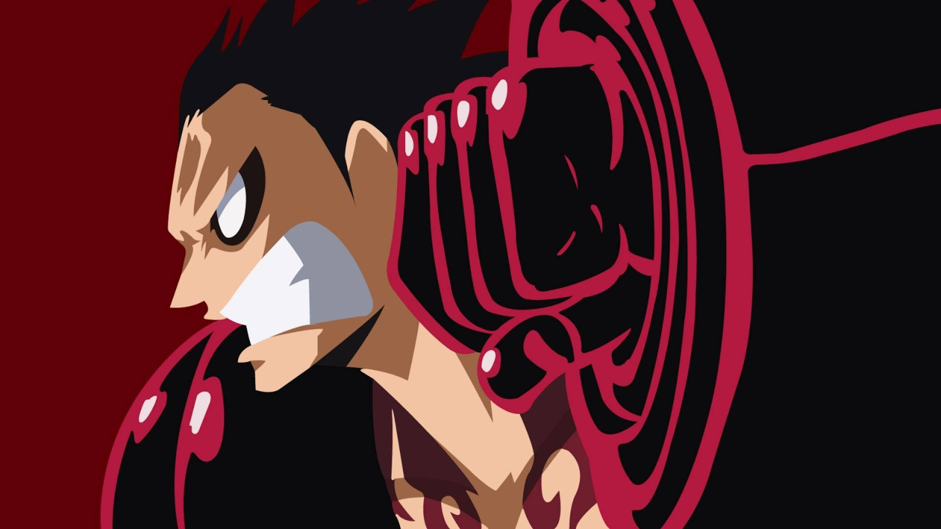 luffy gear 4 桌布 壁紙 — 一個風格化的動漫角色，表情兇猛，紅色能量在他緊握的拳頭周圍旋轉，背景為深紅色。