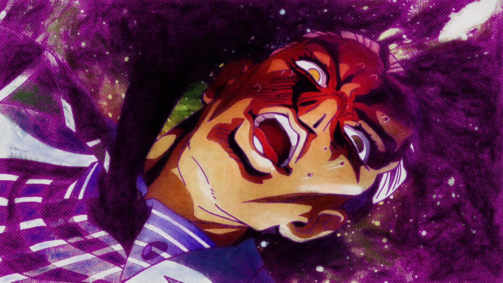 Kosaku Kawajiri 桌布 壁紙 — 一個風格化的動漫角色，表情兇猛，躺在帶有星狀斑點的宇宙紫色背景上。