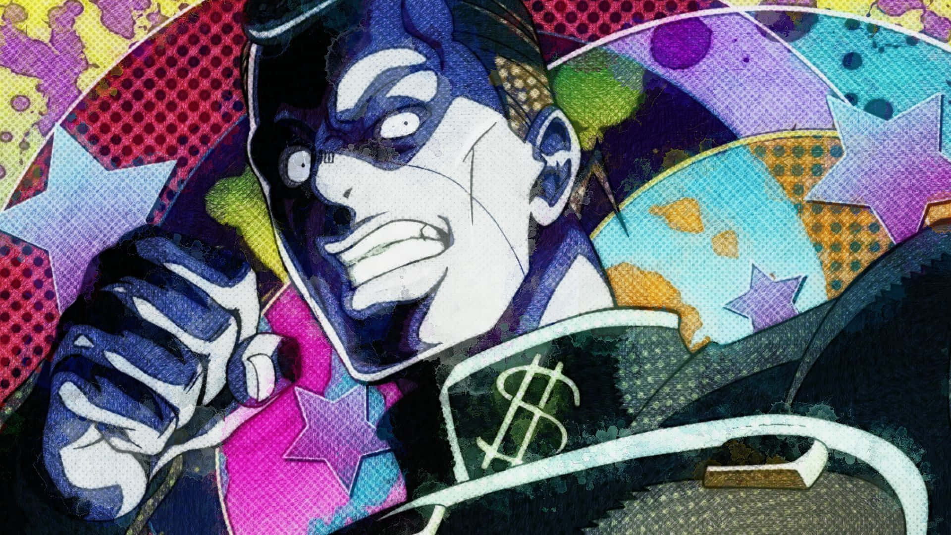Okuyasu Nijimura 桌布 壁紙 — 一個風格化的動漫角色，表情兇猛，外套上有美元符號，背景是充滿活力的漫畫風格。
