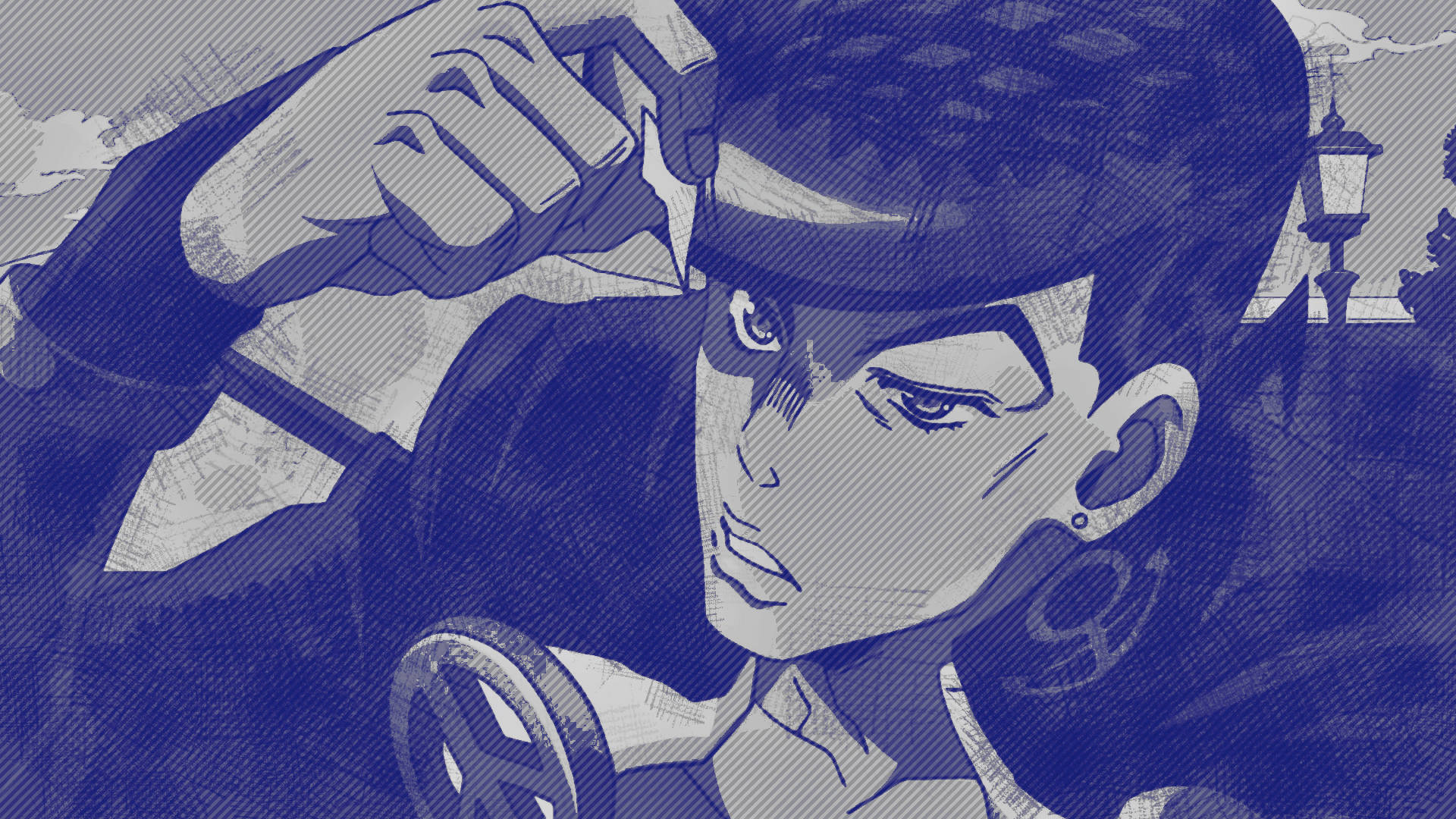 Josuke 桌布 壁紙 — 一個風格化的動漫角色，表情堅定，戴著帽子，以大膽的藍白色調和紋理背景呈現。