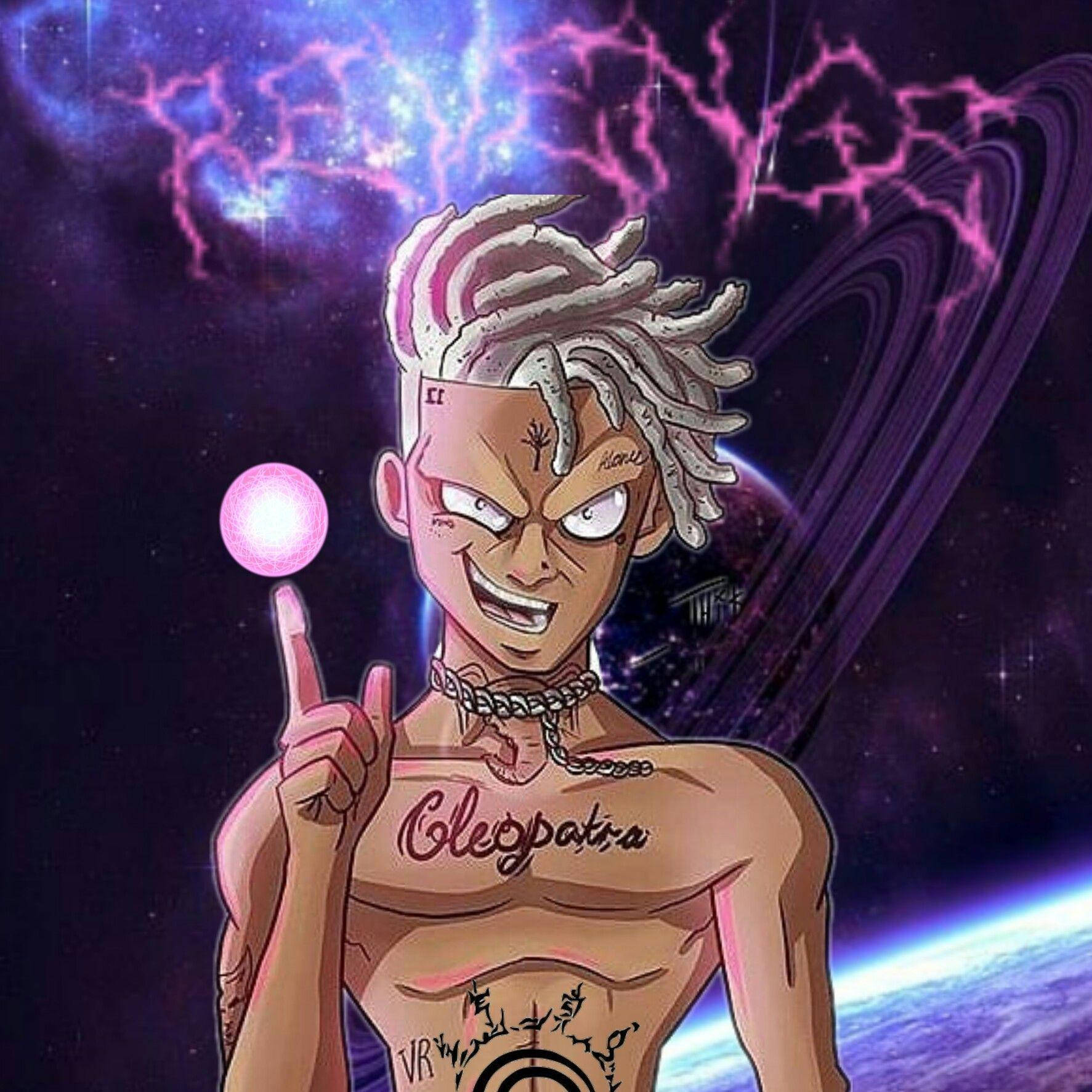 Xxxtentacion Cartoon 桌布 壁紙 — 一個風格化的動漫角色，身上有刺青並手持粉紅色能量球，站在帶有紫色閃電和一顆行星的宇宙背景前。