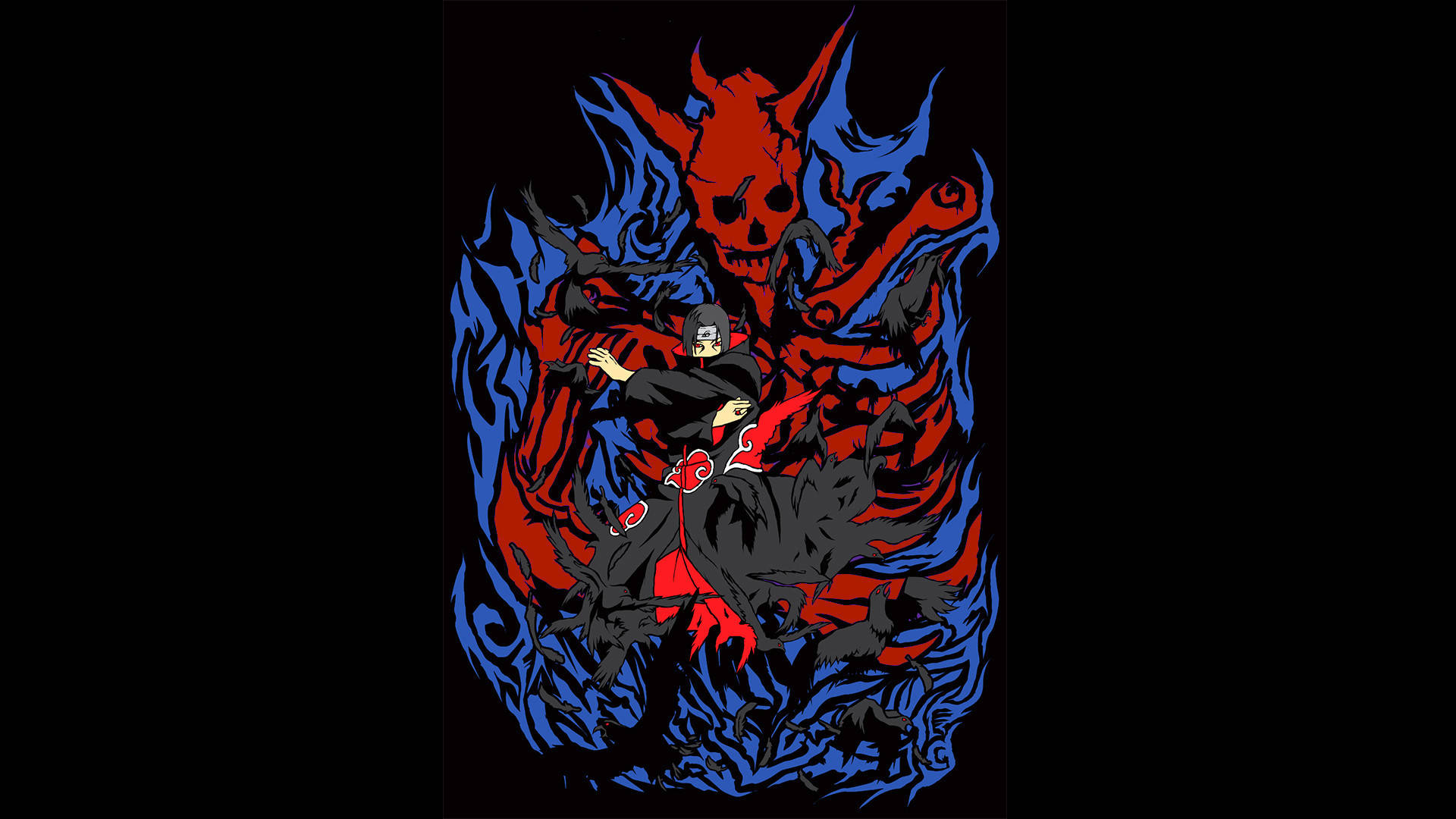 Susanoo 桌布 壁紙 — 一個風格化的動漫角色，身穿帶有紅色雲紋的黑色斗篷，站在一個帶有威脅性的紅色頭骨和藍色火焰圖案前。