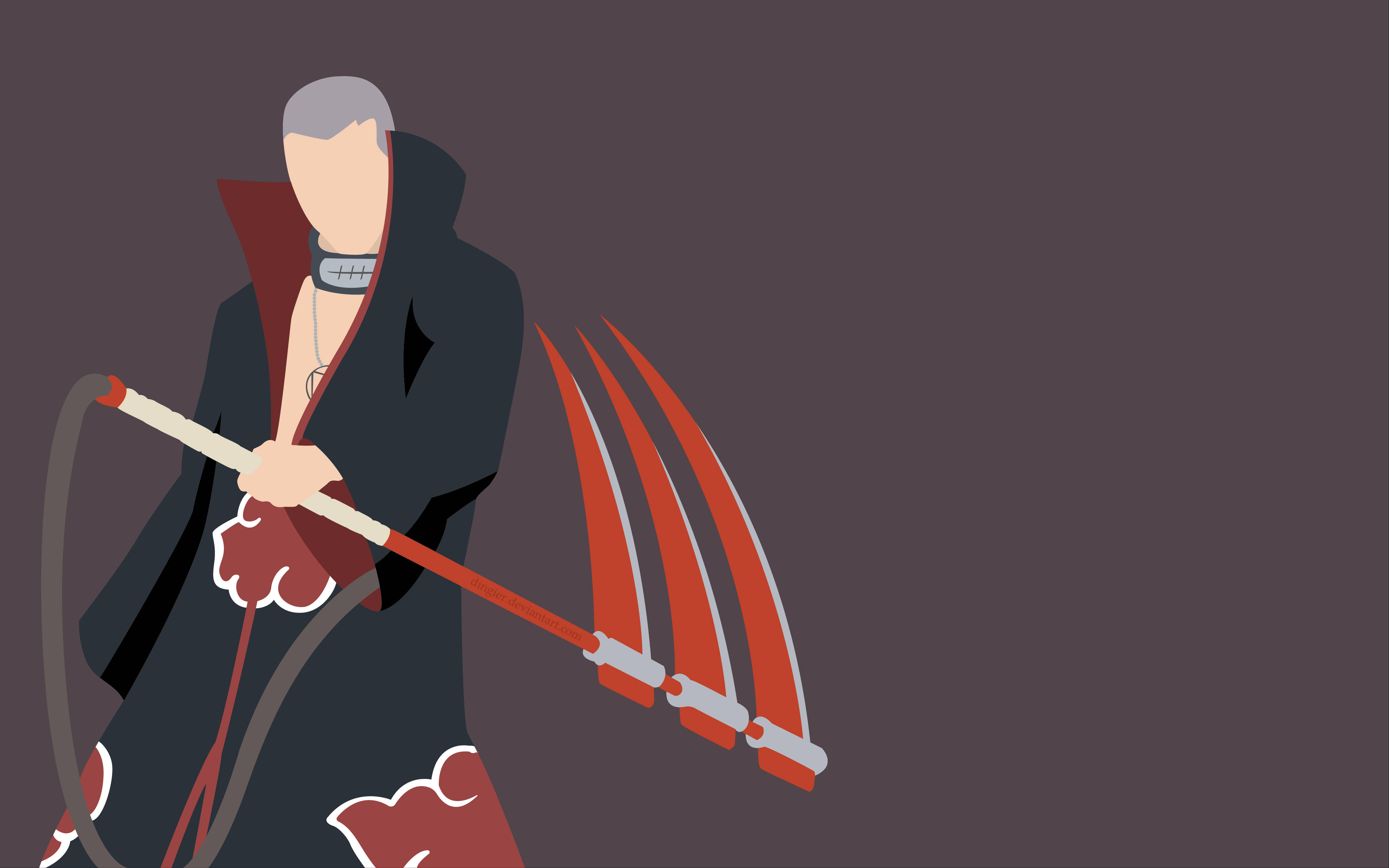 hidan akatsuki 桌布 壁紙 — 一個風格化的動漫角色，身穿帶有紅色雲紋的黑色斗篷，在深灰色背景前手持一把巨大的紅色鐮刀。