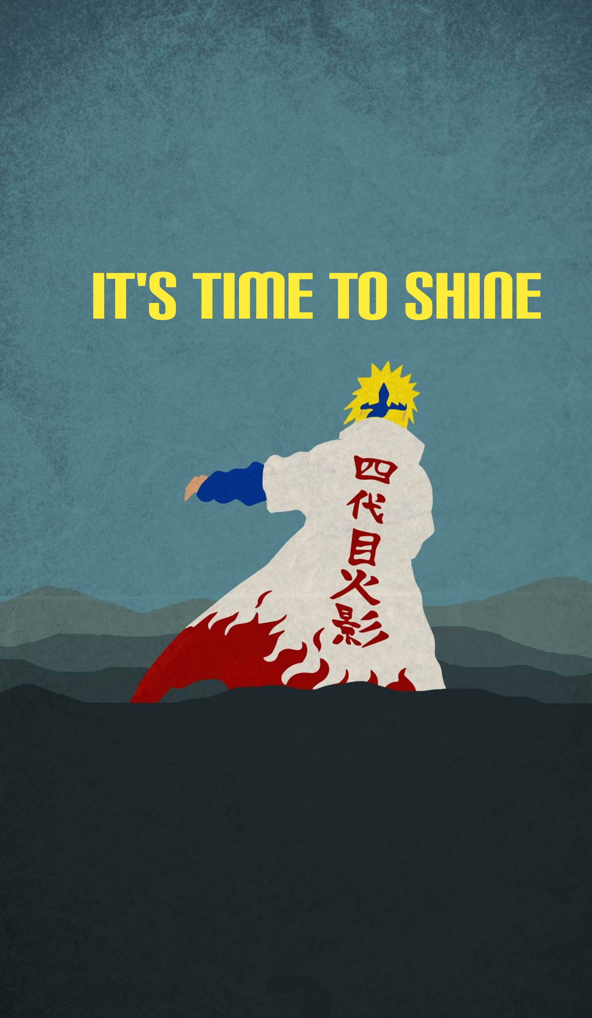 naruto quotes 桌布 壁紙 — 一個風格化的動漫角色，身穿帶有紅色火焰圖案和漢字的白色斗篷，站在黑暗的山丘上，背景是帶有紋理的藍色天空，上方有粗體黃色文字。