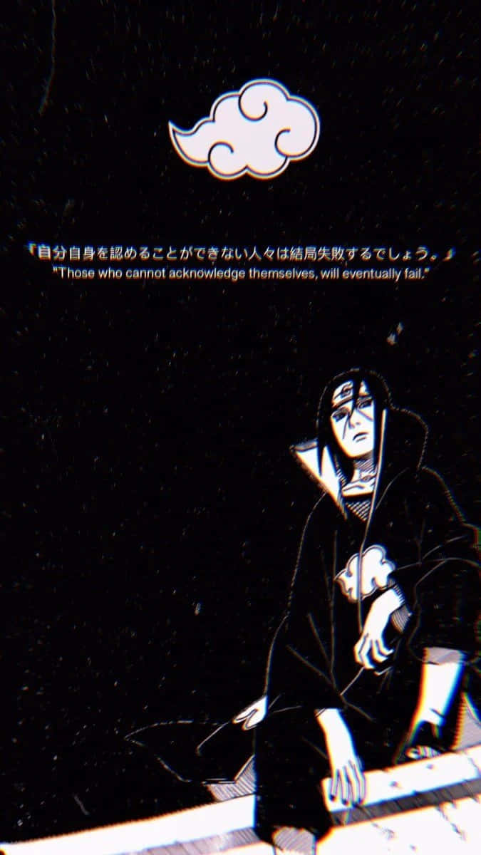 黑白 桌布 壁紙 — 一個風格化的動漫角色，身穿帶有雲朵標誌的黑色斗篷，在深色背景上莊嚴地坐著，並帶有引文疊加。