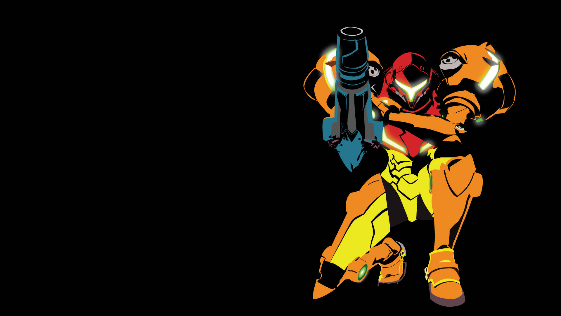 Metroid 桌布 壁紙 — 一個風格化的動漫角色，身穿橙色、黃色和紅色的盔甲，在黑色背景上手持發光的藍色武器。