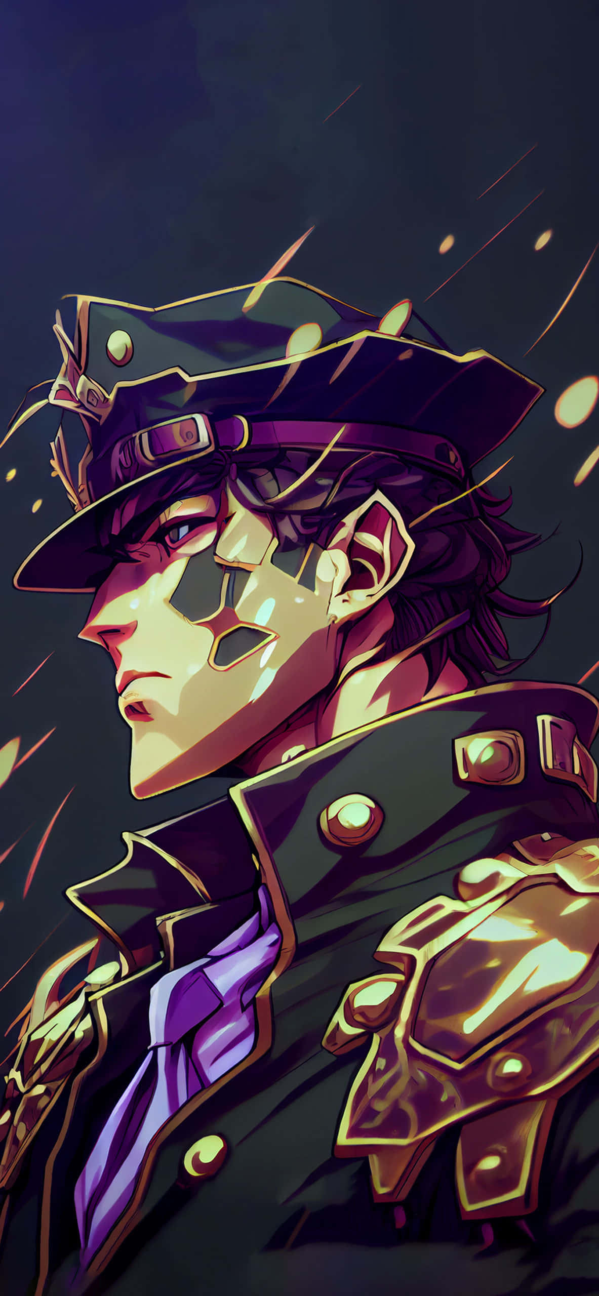 Jojo's Bizarre Adventure 桌布 壁紙 — 一個風格化的動漫角色，身穿深色外套和帽子，帶有金色點綴和發光粒子，背景充滿氛圍。
