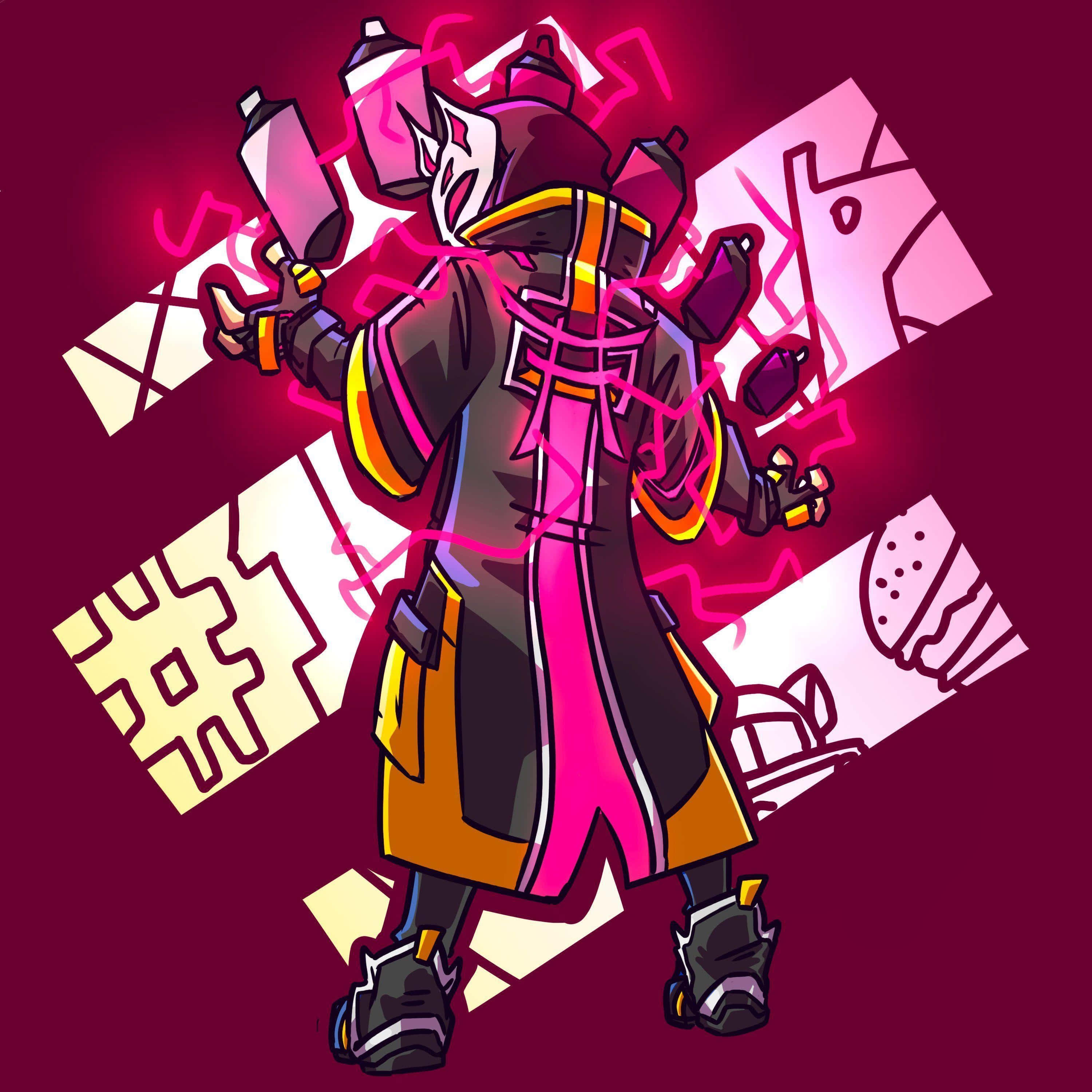 Fortnite Drift 桌布 壁紙 — 一個風格化的動漫角色，身穿深色外套，帶有霓虹粉紅能量爆發和塗鴉風格的背景元素。