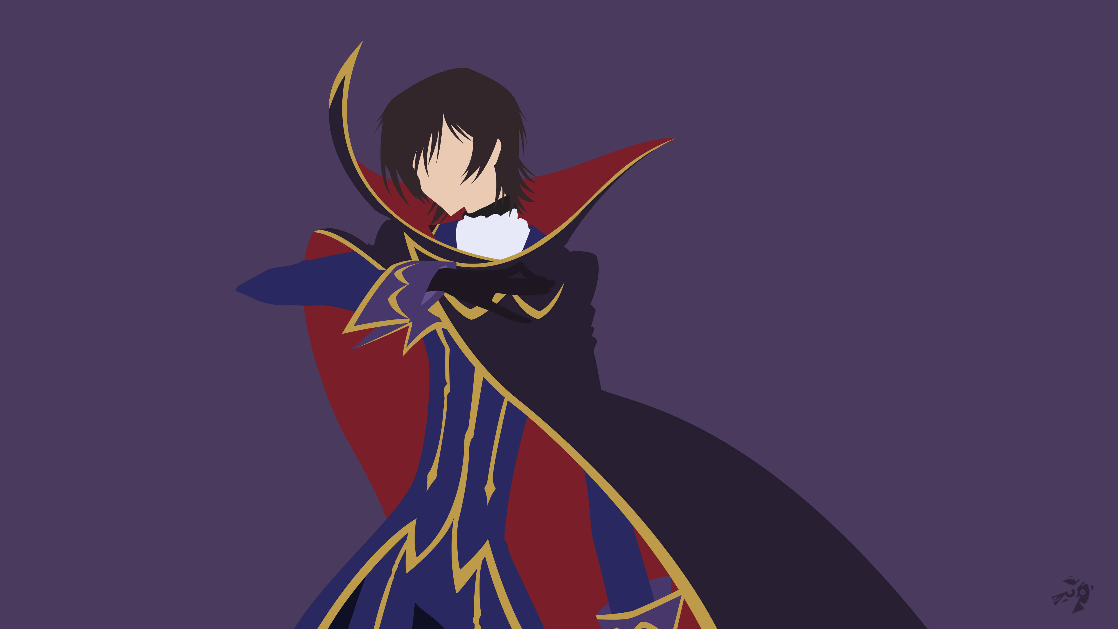 lelouch lamperouge 桌布 壁紙 — 一個風格化的動漫角色，身穿深藍色和紅色、帶金色邊飾的斗篷，站在純紫色背景前。
