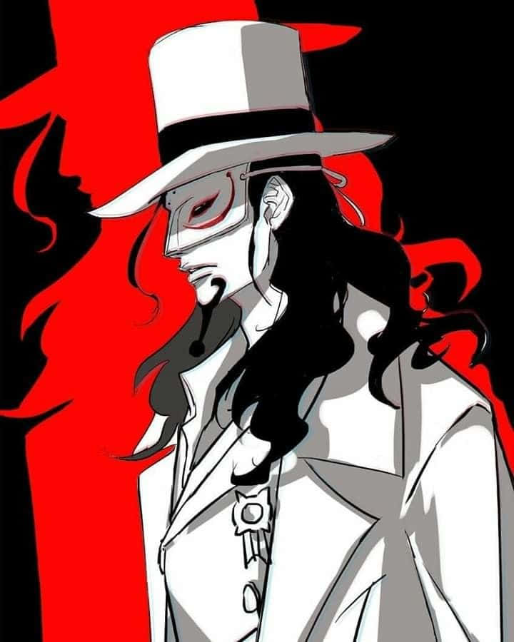 Rob Lucci 桌布 壁紙 — 一個風格化的動漫角色，身穿白色西裝和高帽，戴著紅色眼罩，站在大膽的紅黑背景前。