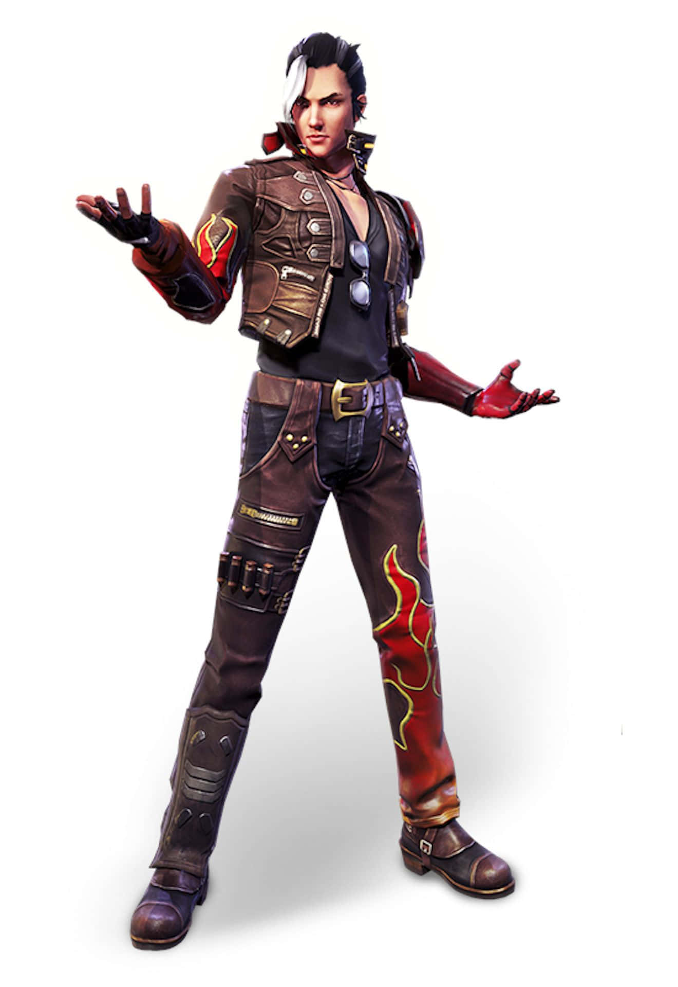 Free Fire 4K 桌布 壁紙 — 一個風格化的動漫角色，身穿皮夾克和火焰圖案褲子，在純白背景前張開雙臂擺姿勢。