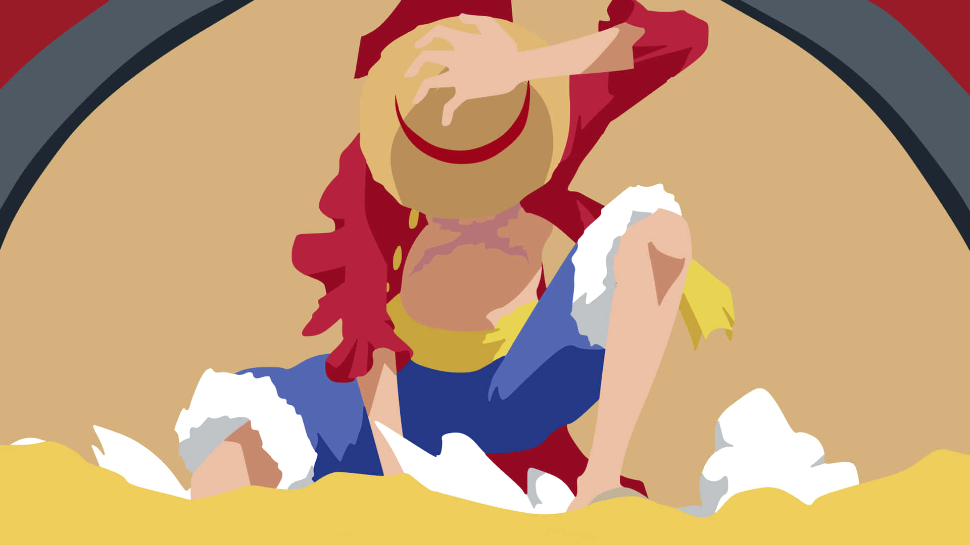 luffy 4K 桌布 壁紙 — 一個風格化的動漫角色，身穿紅色外套和草帽，從沙中出現，周圍有白色泡沫飛濺。