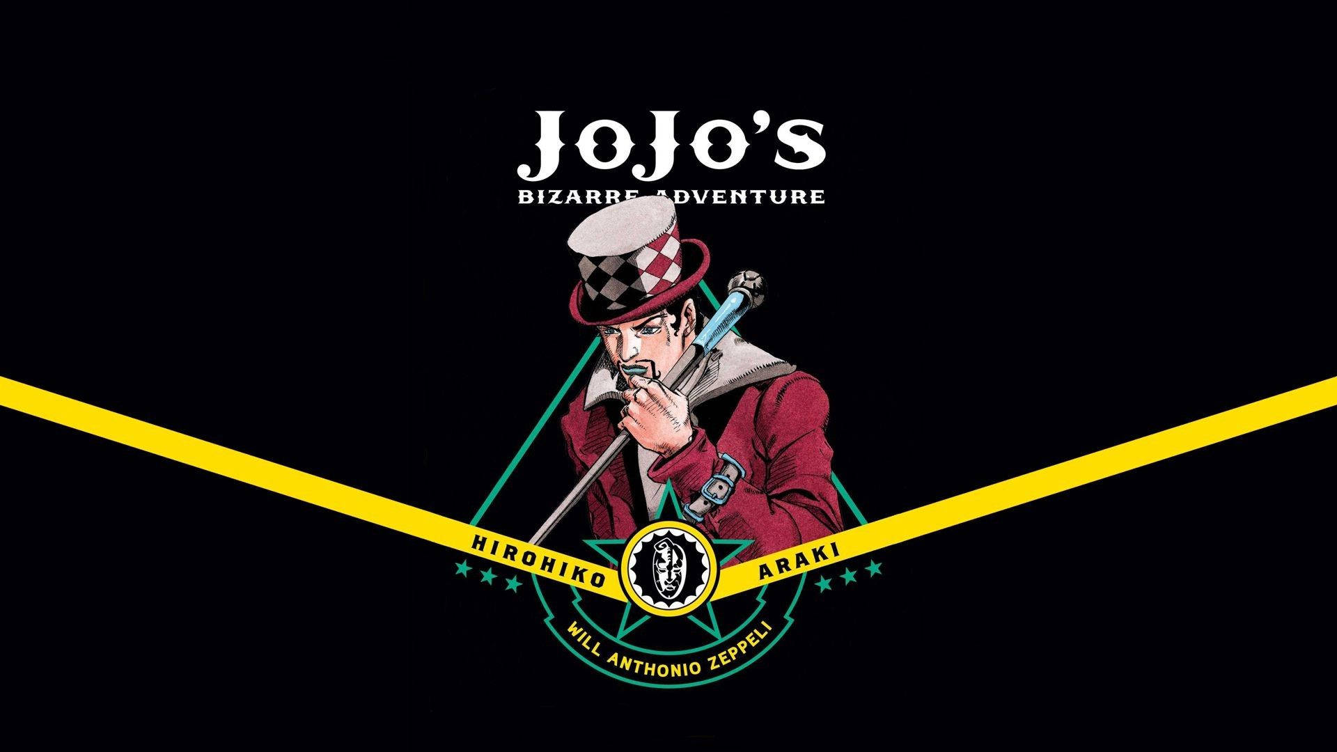 Jojo 桌布 壁紙 — 一個風格化的動漫角色，身穿紅色外套和格子帽，在帶有黃色對角線條紋和文字的黑色背景上持劍。