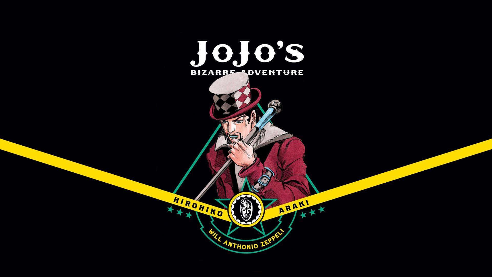 Phantom Blood 桌布 壁紙 — 一個風格化的動漫角色，身穿紅色外套和格紋帽子，在帶有黃色對角線條紋和文字的黑色背景上持劍。