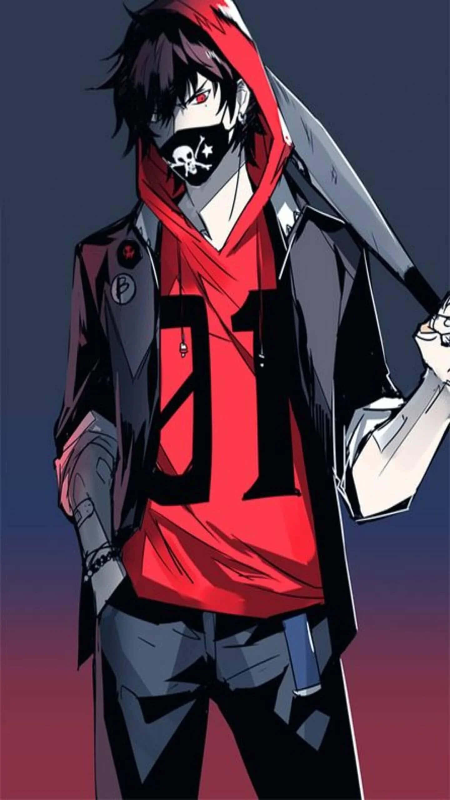 動漫男孩 桌布 壁紙 — 一個風格化的動漫角色，身穿紅色連帽衫和黑色面具，在暮色漸變背景中手持一把大劍。