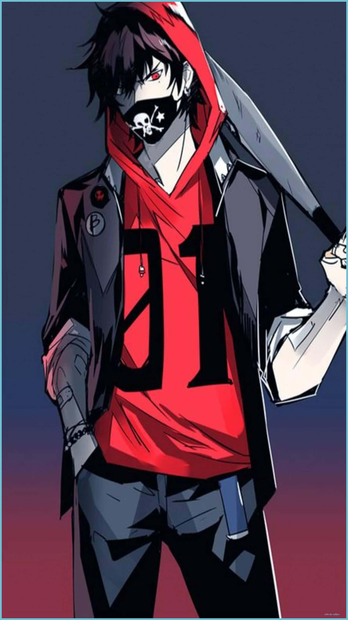 動漫男孩 桌布 壁紙 — 一個風格化的動漫角色，身穿紅色連帽衫和黑色面具，在暮色天空下持劍。