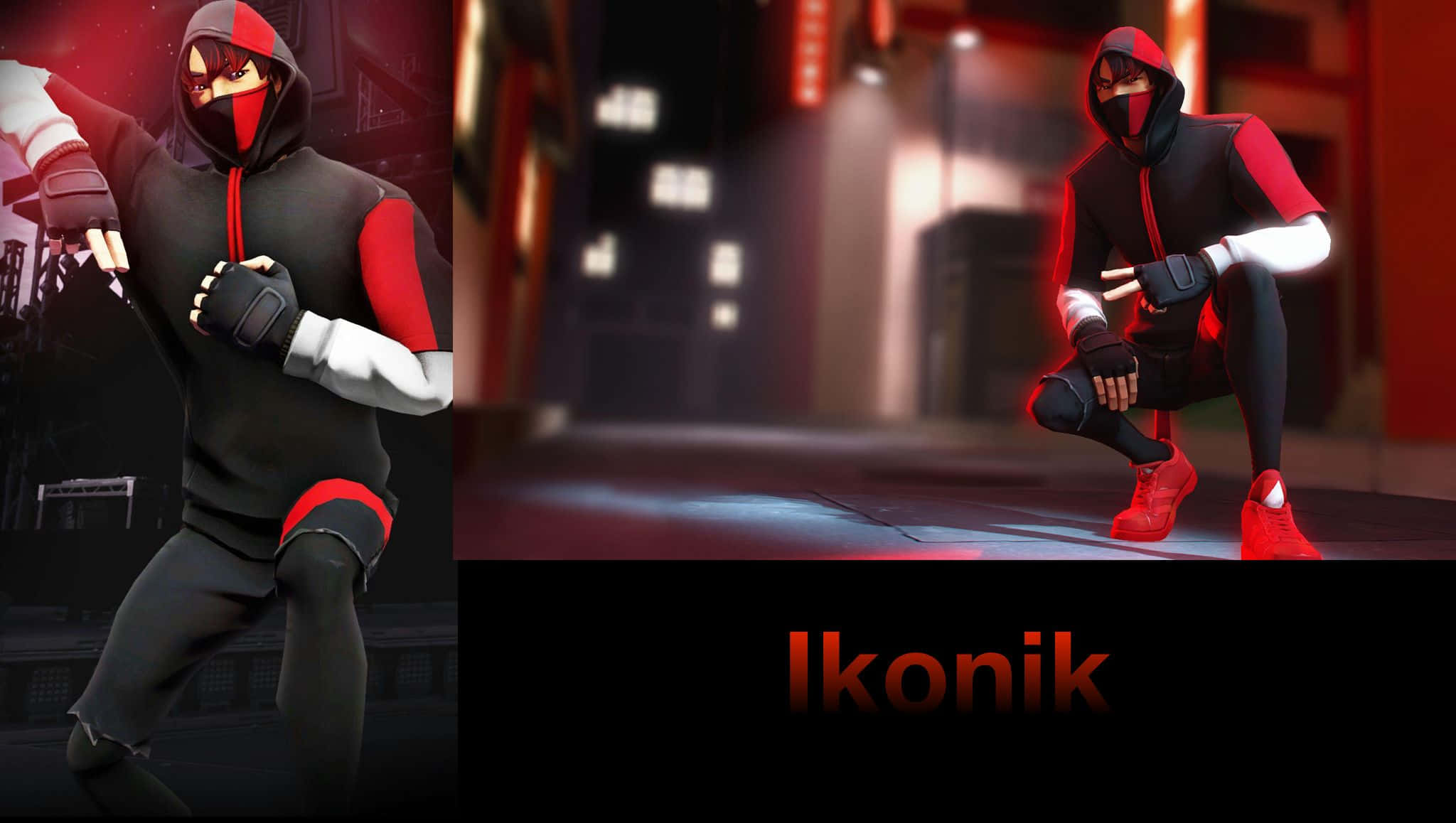 Fortnite Ikonik Skin 桌布 壁紙 — 一個風格化的動漫角色，身穿紅黑忍者裝備，在霓虹燈閃爍的都市夜景中動感擺姿勢。