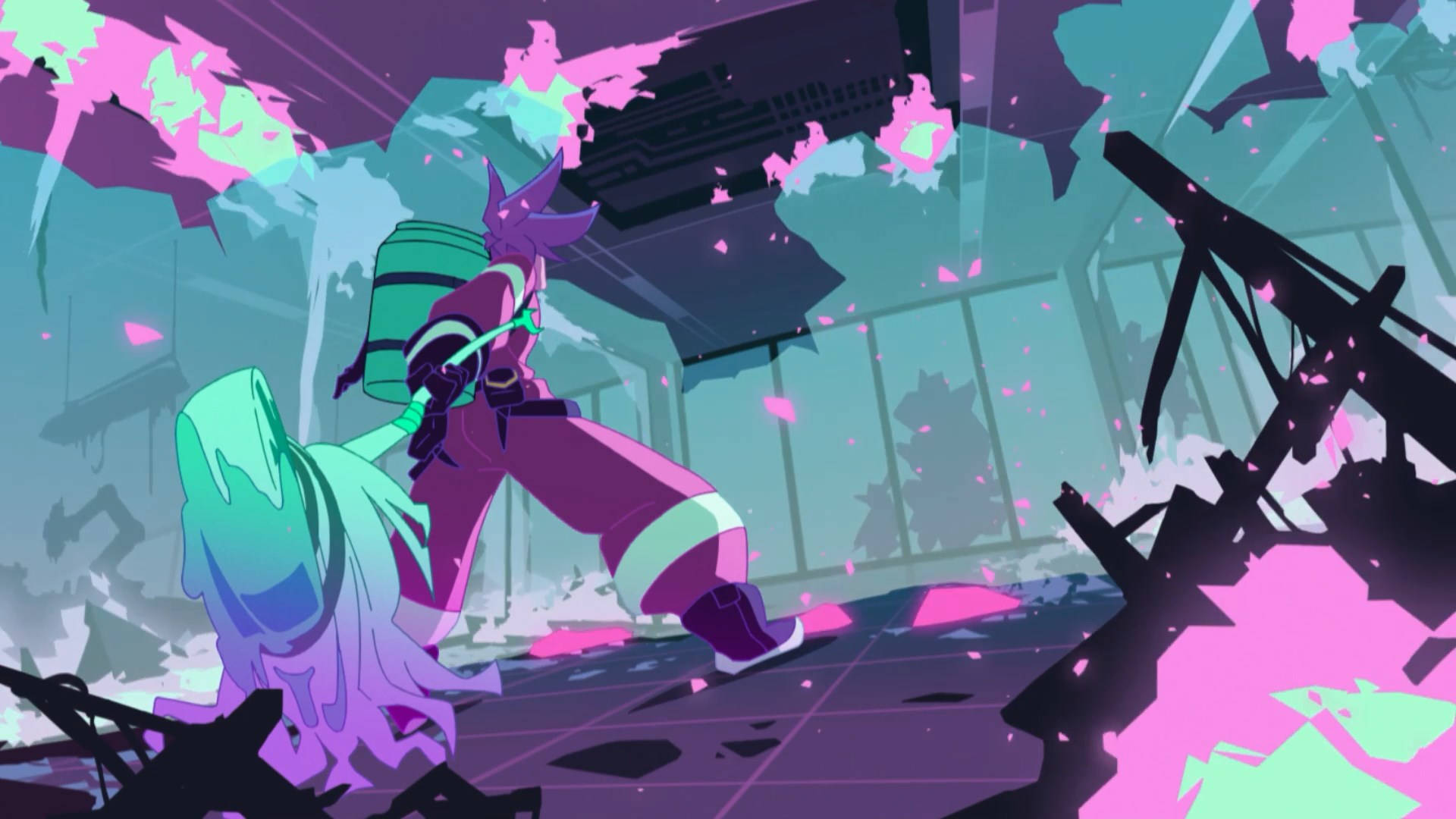 Promare 桌布 壁紙 — 一個風格化的動漫角色，身穿紫色和藍綠色裝備，站在破碎的碎片中，伴隨著充滿活力的粉紅色和青色能量爆發。