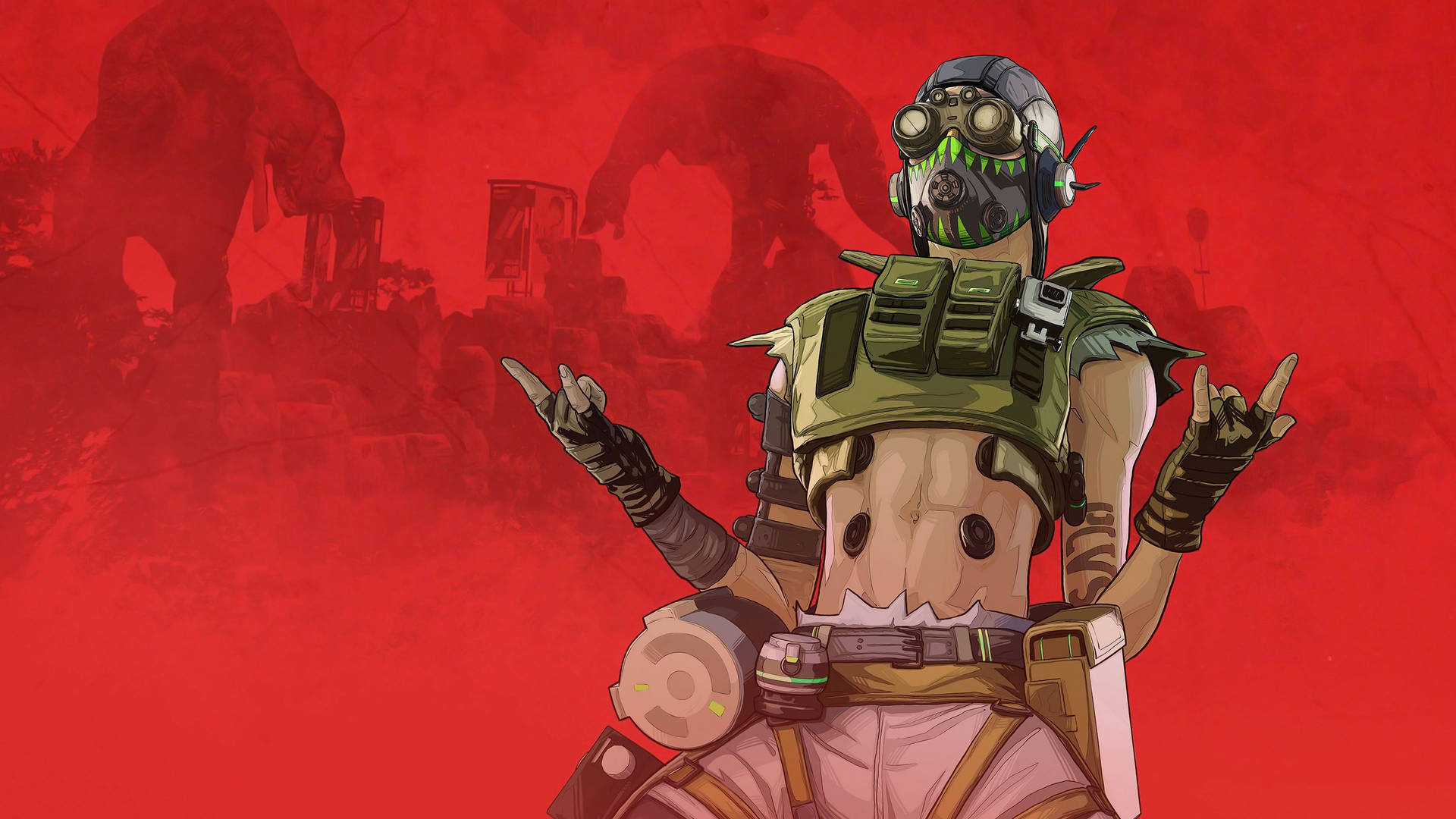 Cool Apex Legends 桌布 壁紙 — 一個風格化的動漫角色，身穿綠色戰術裝備和防毒面具，在血紅色背景上與陰影巨人一起做出搖滾手勢。