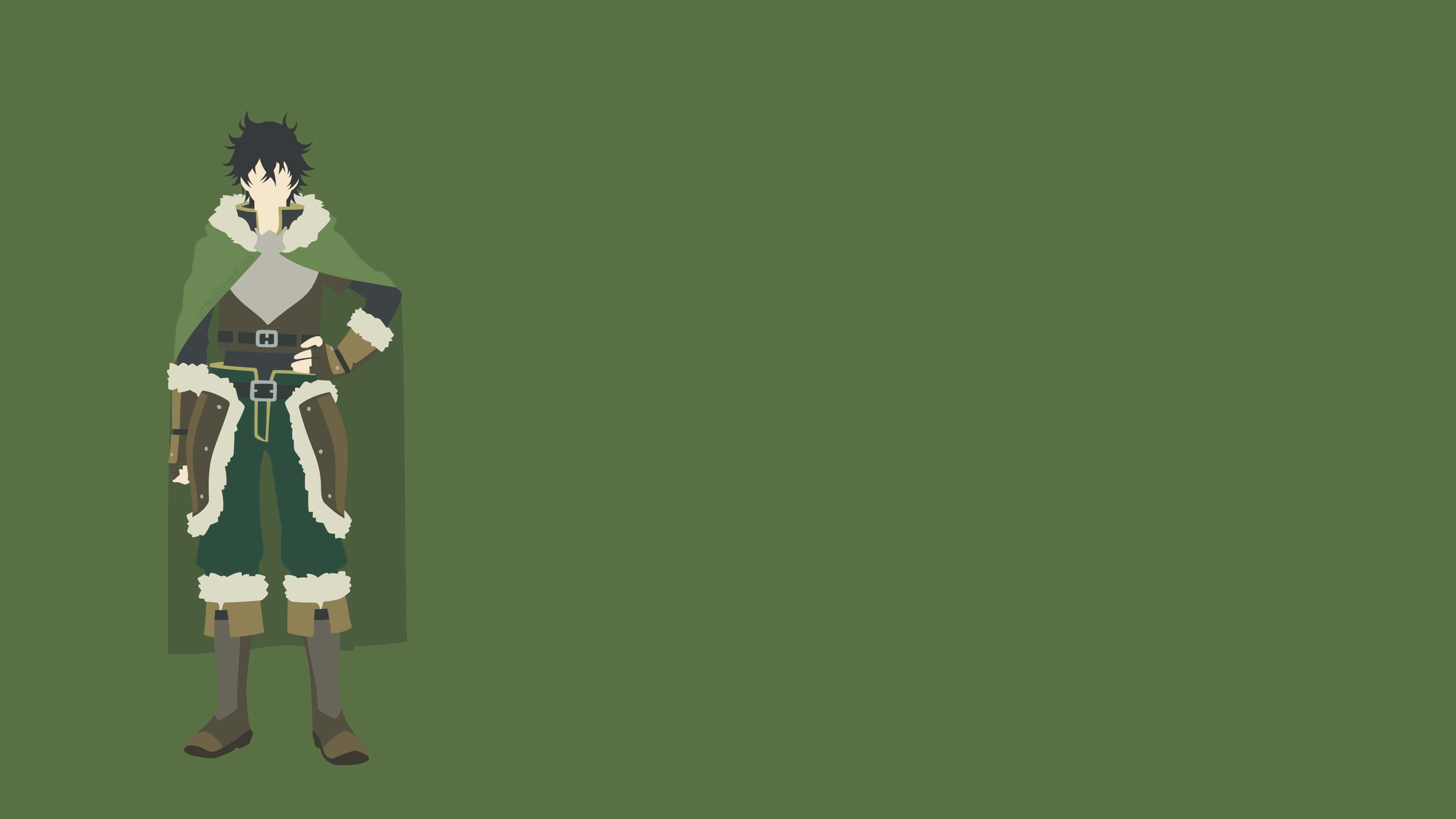 The Rising Of The Shield Hero 桌布 壁紙 — 一個風格化的動漫角色，身穿綠色毛皮襯裡斗篷，自信地站在純橄欖綠背景前。