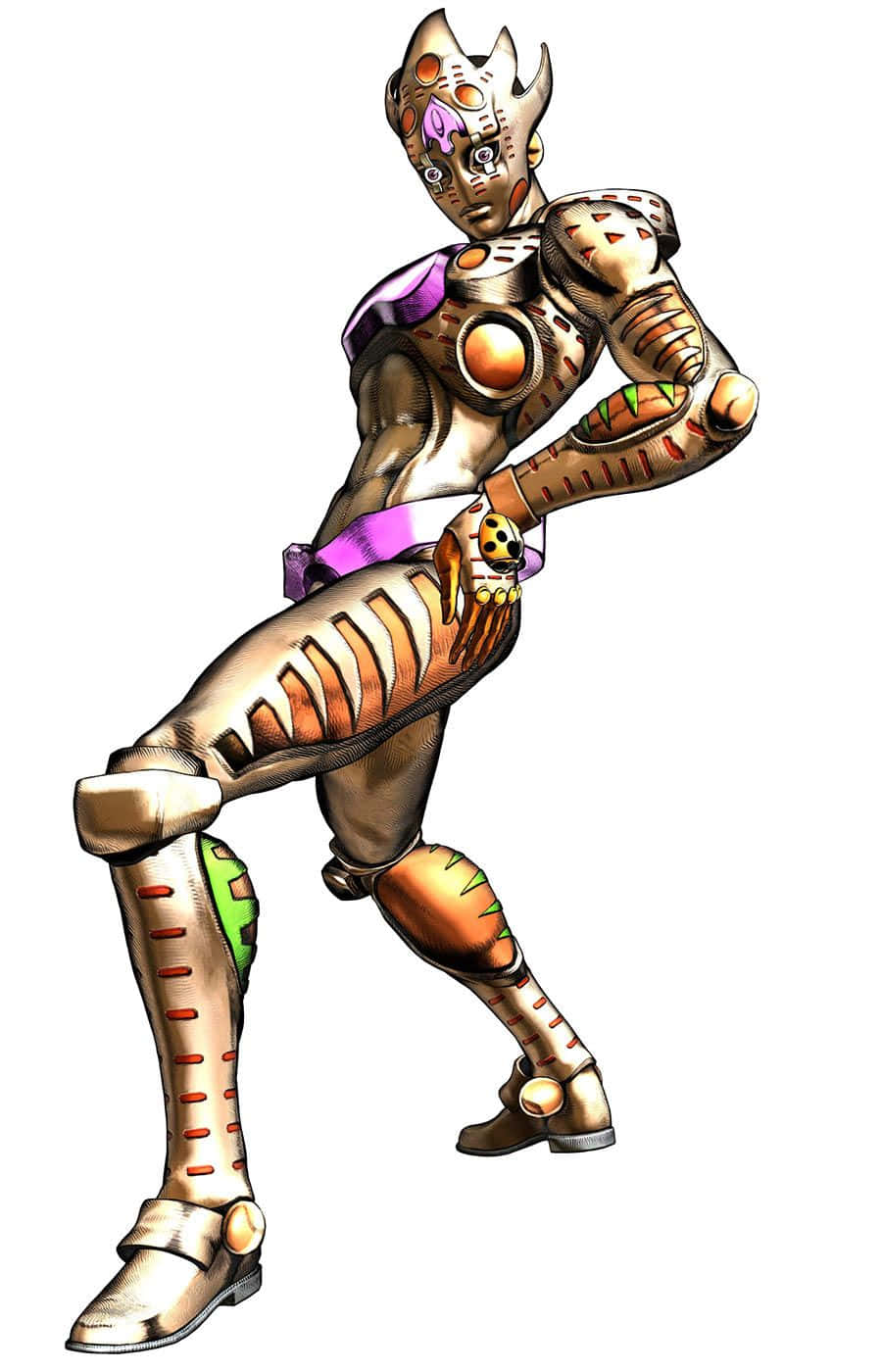 Gold Experience Jojo 桌布 壁紙 — 一個風格化的動漫角色，身穿華麗的金色盔甲，帶有紫色點綴，在純白色背景上擺出動態的戰鬥姿勢。