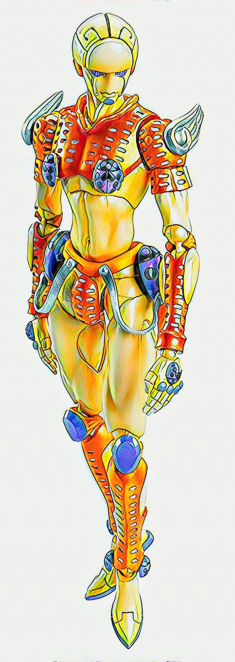 Gold Experience Jojo 桌布 壁紙 — 一個風格化的動漫角色，身穿華麗的橙色和金色盔甲，帶有藍色點綴，自信地站在純色背景前。
