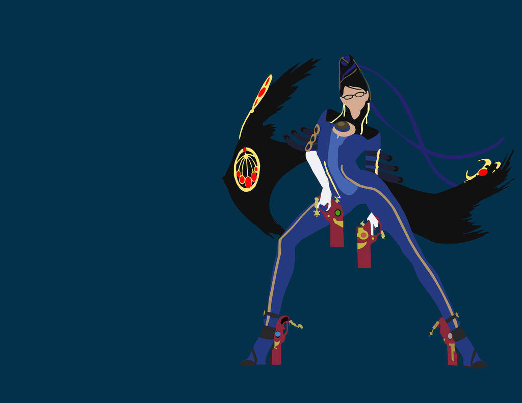 Bayonetta 桌布 壁紙 — 一個風格化的動漫角色，身穿藍色和紅色裝備，擁有黑色翅膀和紫色頭髮，在深藍綠色背景上擺出動態姿勢。