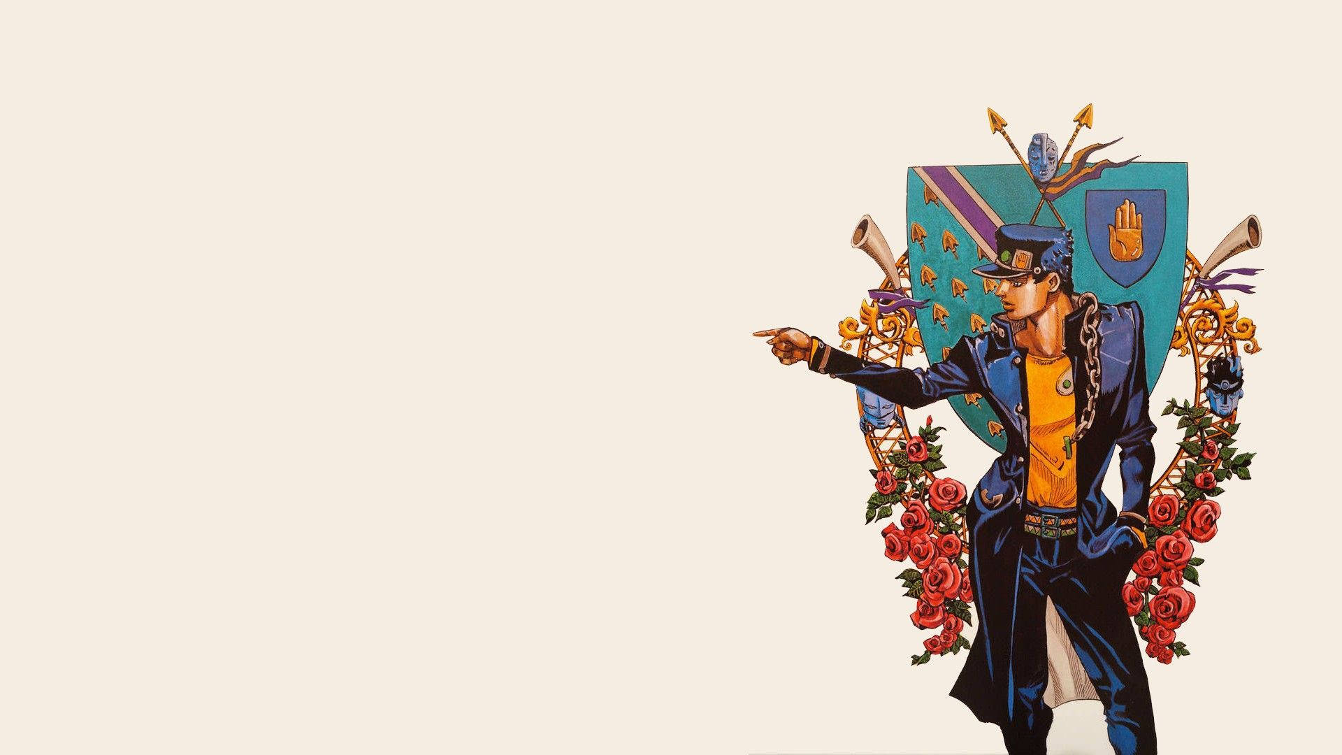 Jotaro 桌布 壁紙 — 一個風格化的動漫角色，身穿藍色外套和帽子，向前指著，被盾牌和紅玫瑰框住，背景是米色。
