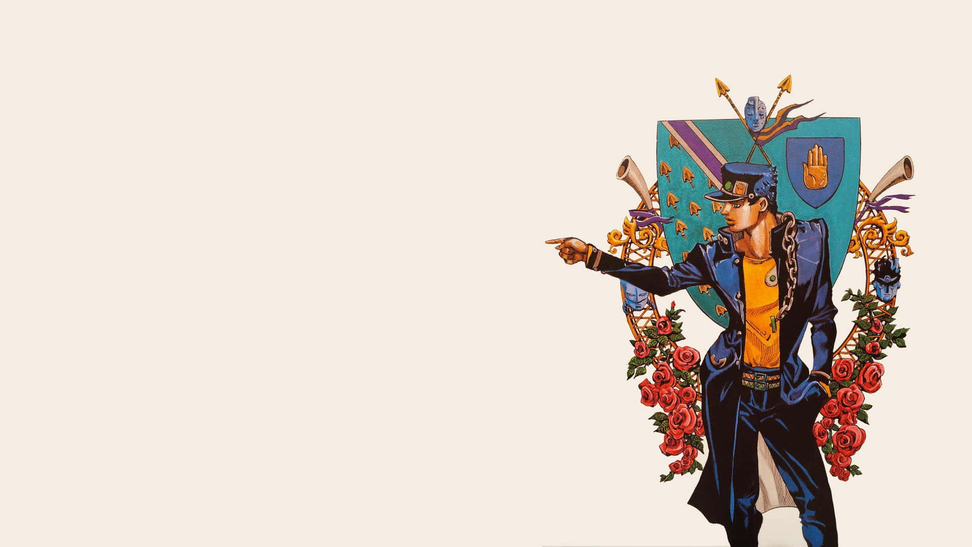 Jotaro Kujo 桌布 壁紙 — 一個風格化的動漫角色，身穿藍色西裝和帽子，向前指著，周圍環繞著玫瑰和紋章盾牌，背景為純米色。