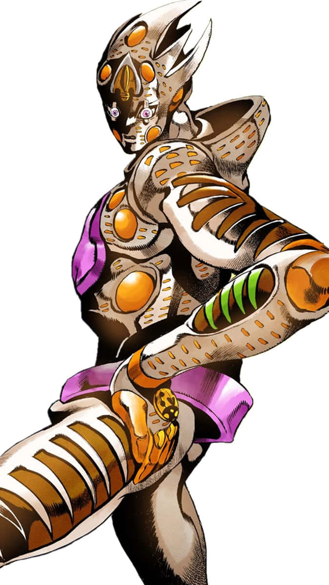 Gold Experience Jojo 桌布 壁紙 — 一個風格化的動漫角色，身穿金屬盔甲，帶有發光的橙色球體，在白色背景上動態擺姿勢。