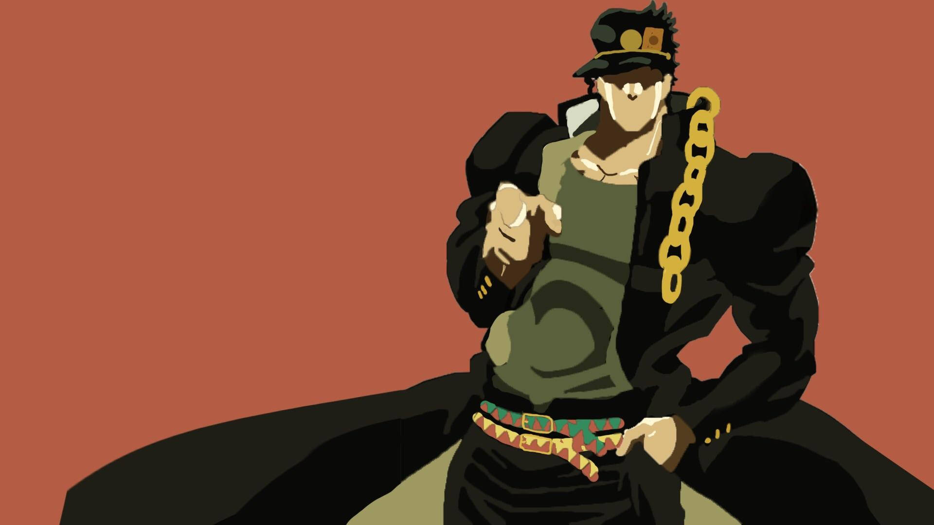 Jotaro 桌布 壁紙 — 一個風格化的動漫角色，身穿黑色外套和帽子，金鏈掛在肩上，指向前方，背景為純鏽色。