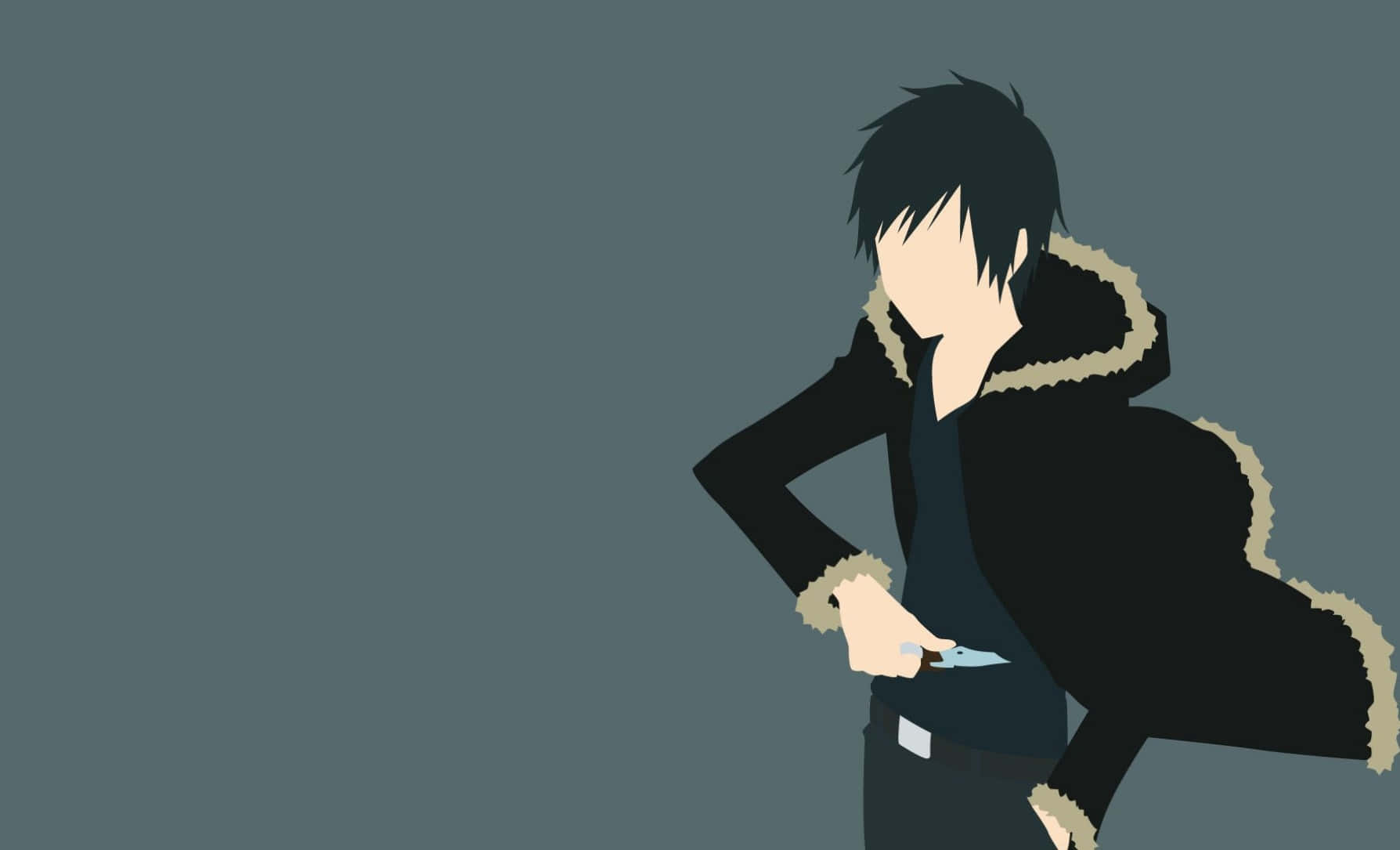 Anime Minimalist 桌布 壁紙 — 一個風格化的動漫角色，身穿黑色大衣搭配米色毛領，自信地站在柔和的灰色背景前。