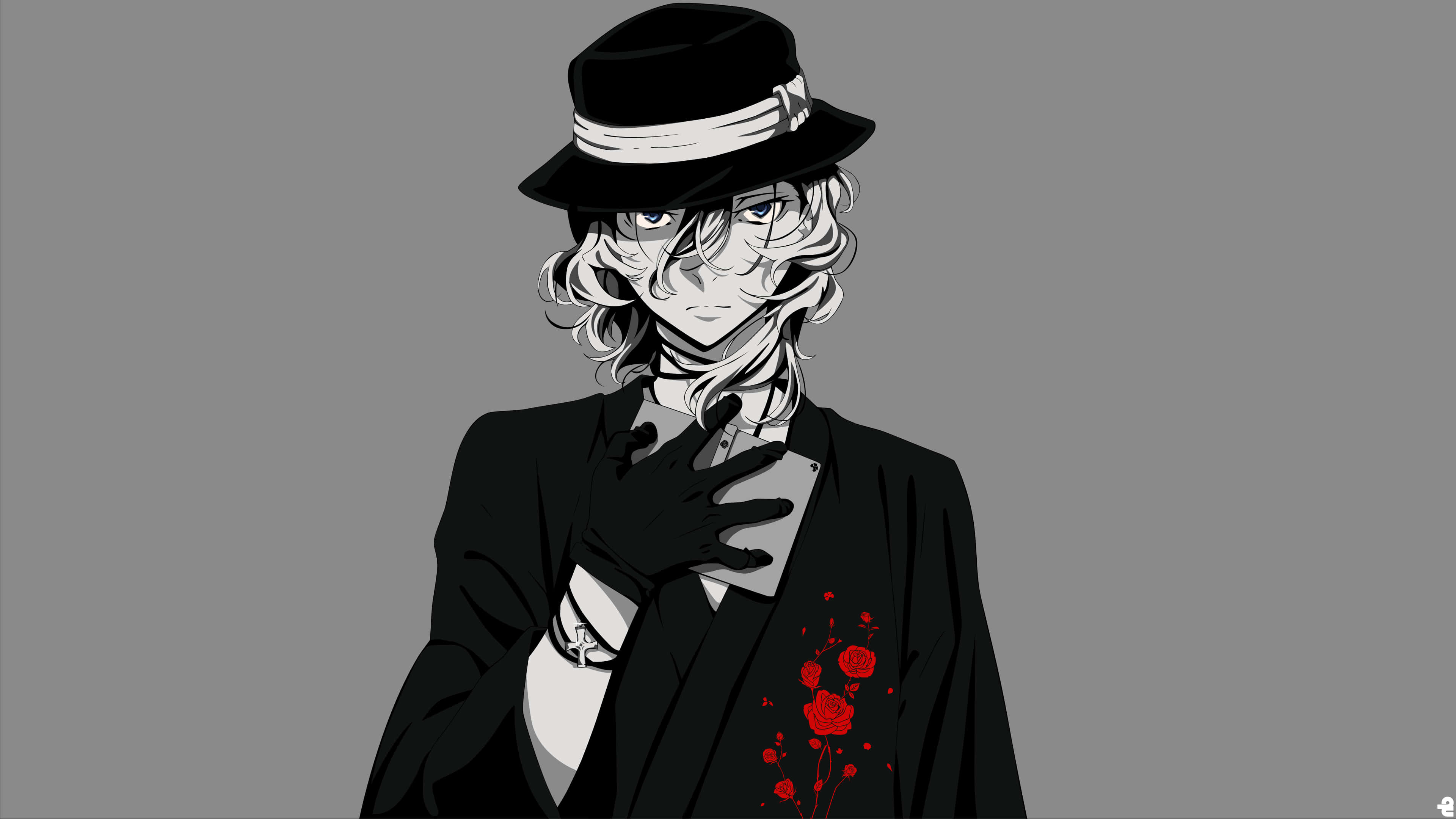 Chuya Nakahara 桌布 壁紙 — 一個風格化的動漫角色，身穿黑色西裝和帽子，在灰色背景前拿著電話，他的外套上盛開著紅玫瑰。