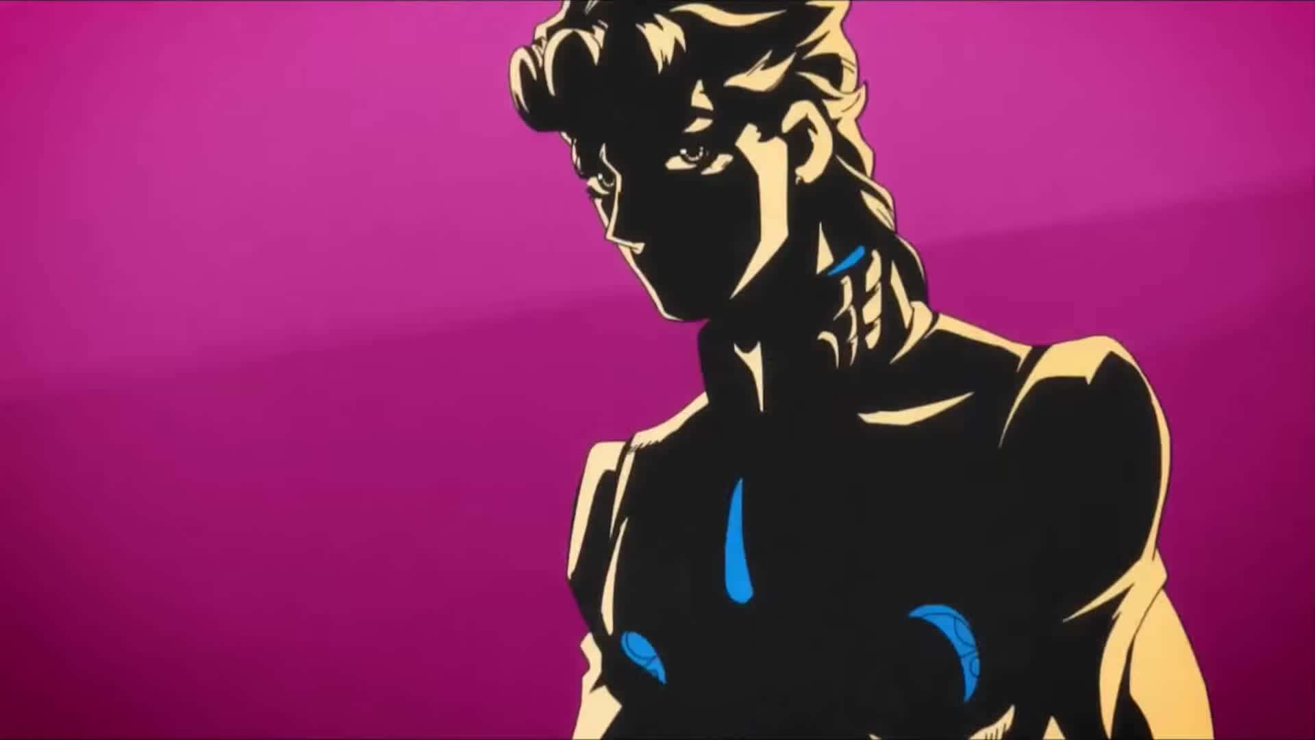 Vento Aureo 桌布 壁紙 — 一個風格化的動漫角色，辮子頭髮和藍色點綴，在充滿活力的洋紅色背景上以剪影呈現。