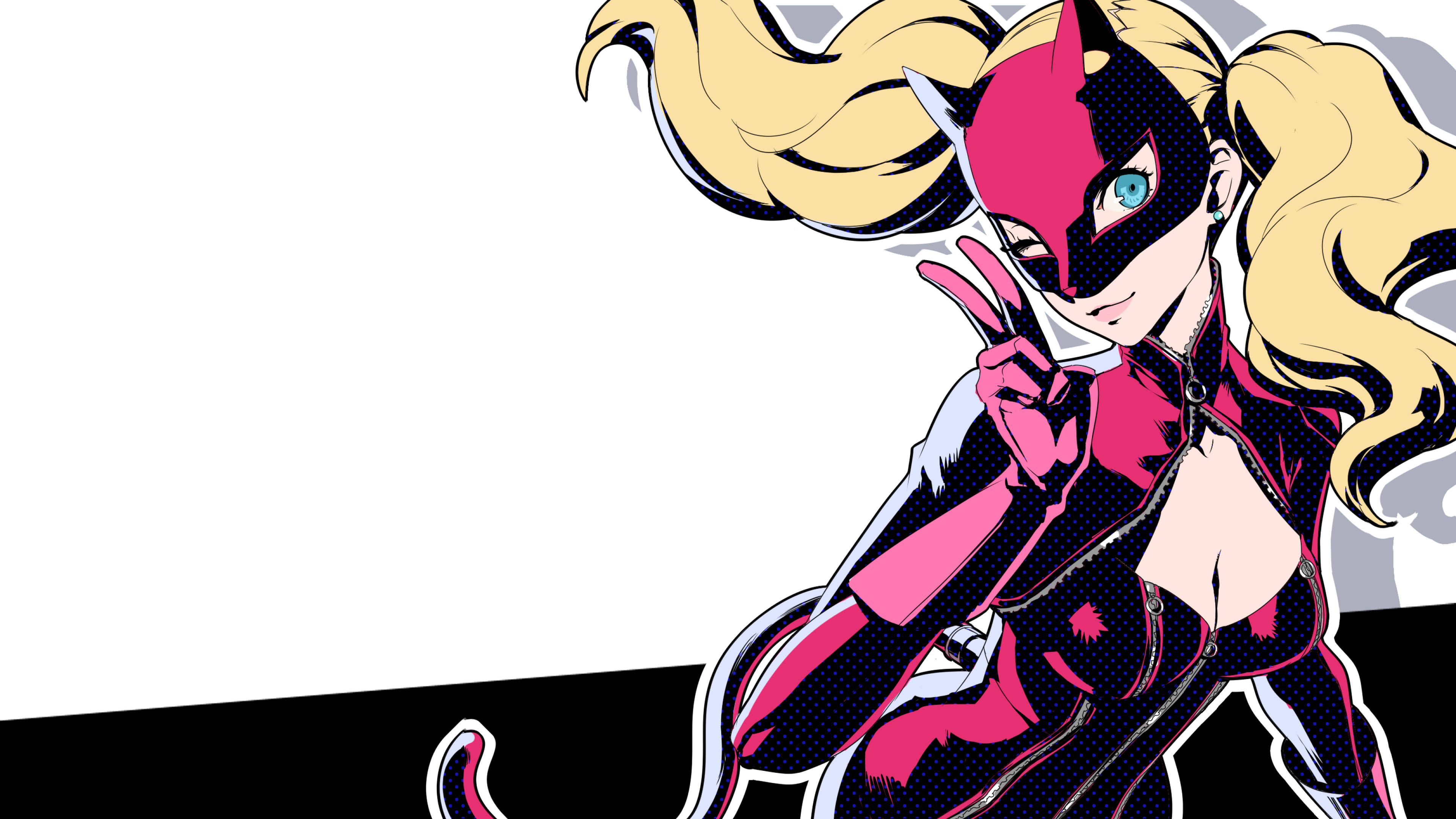persona 5 4K 桌布 壁紙 — 一個風格化的動漫角色，金色雙馬尾和紅色面具，在黑白背景下比出和平手勢。
