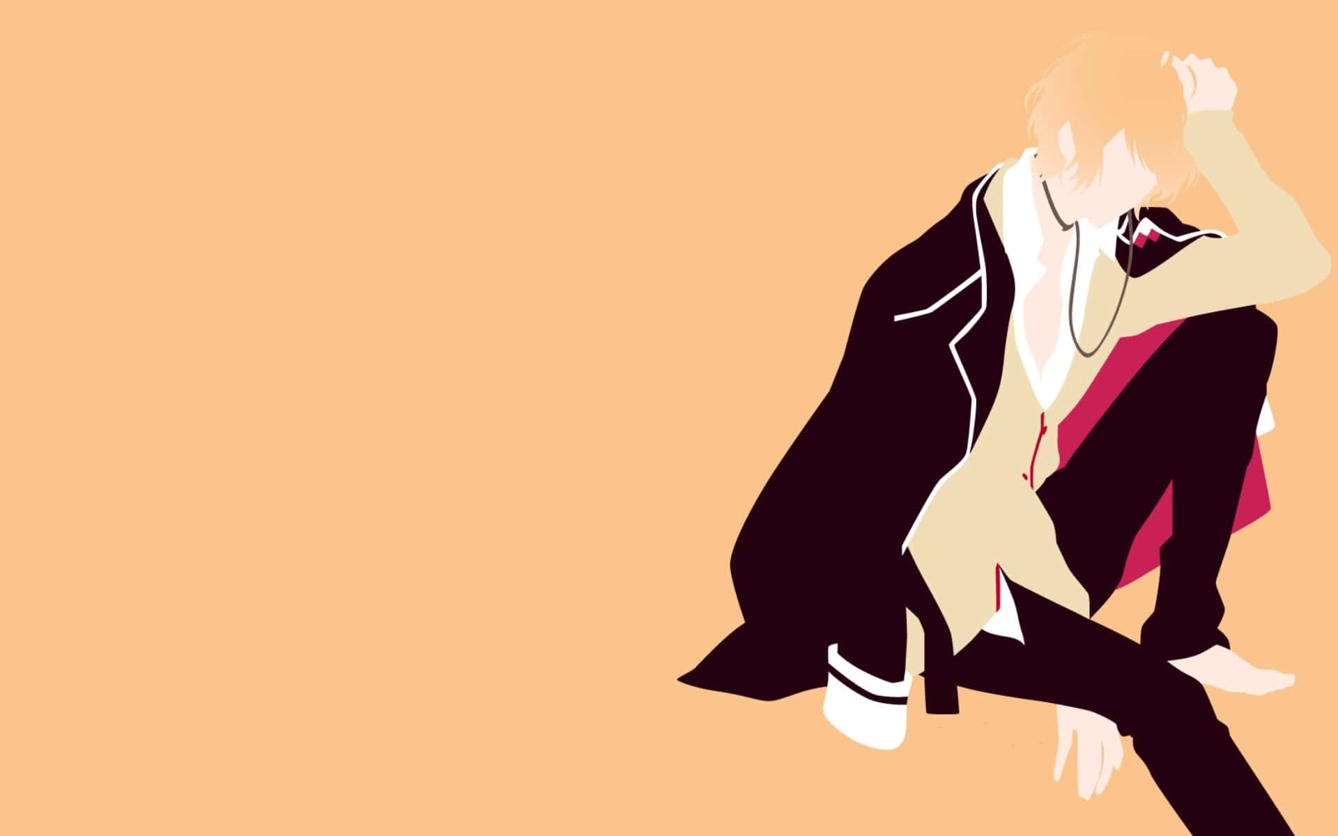 Diabolik Lovers 桌布 壁紙 — 一個風格化的動漫角色，金髮，以蹲姿坐在純色蜜桃色背景前。