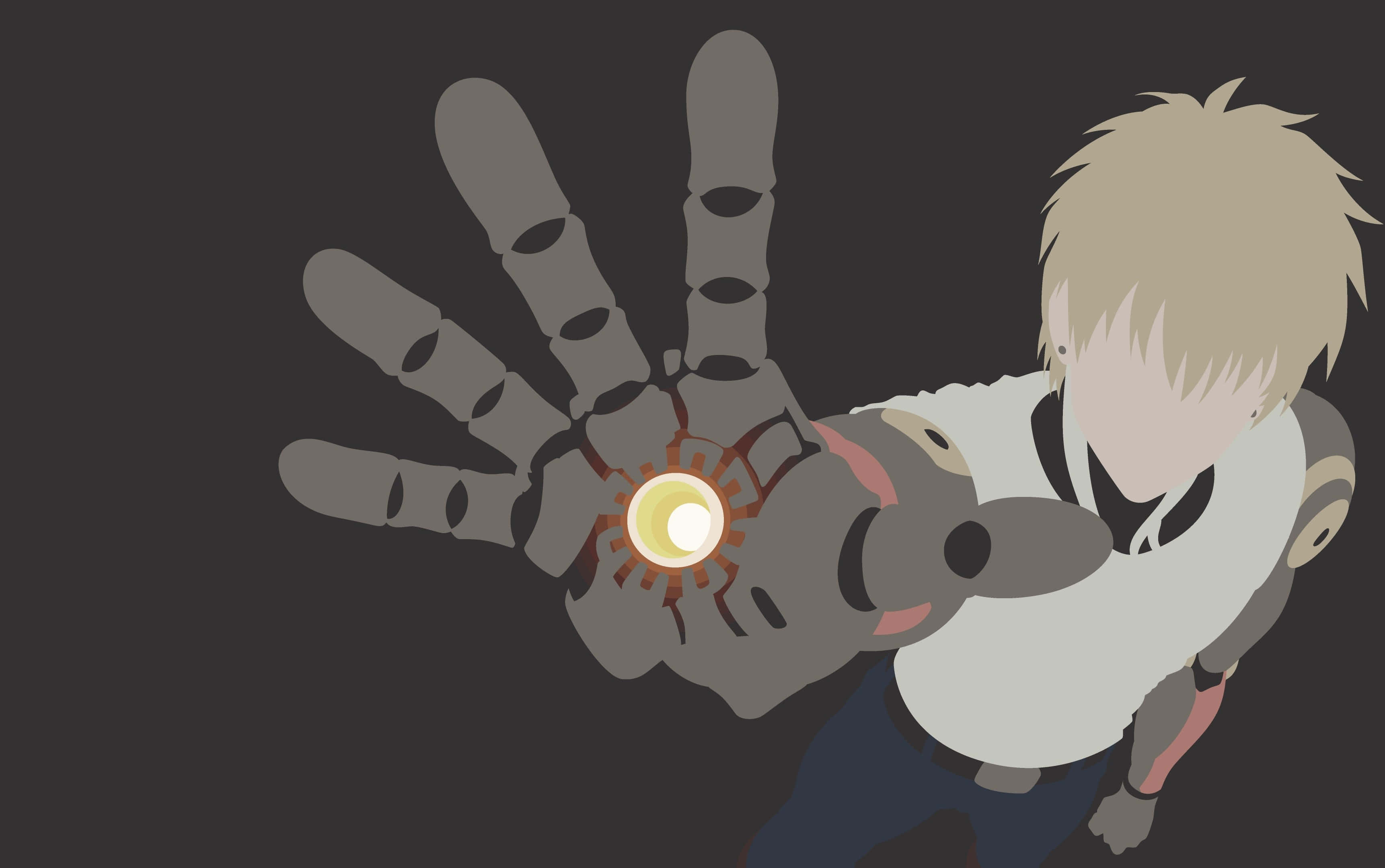 One Punch Man Minimalist 桌布 壁紙 — 一個風格化的動漫角色，金髮，在黑暗背景前伸出一隻機械手，散發著耀眼的黃色核心光芒。
