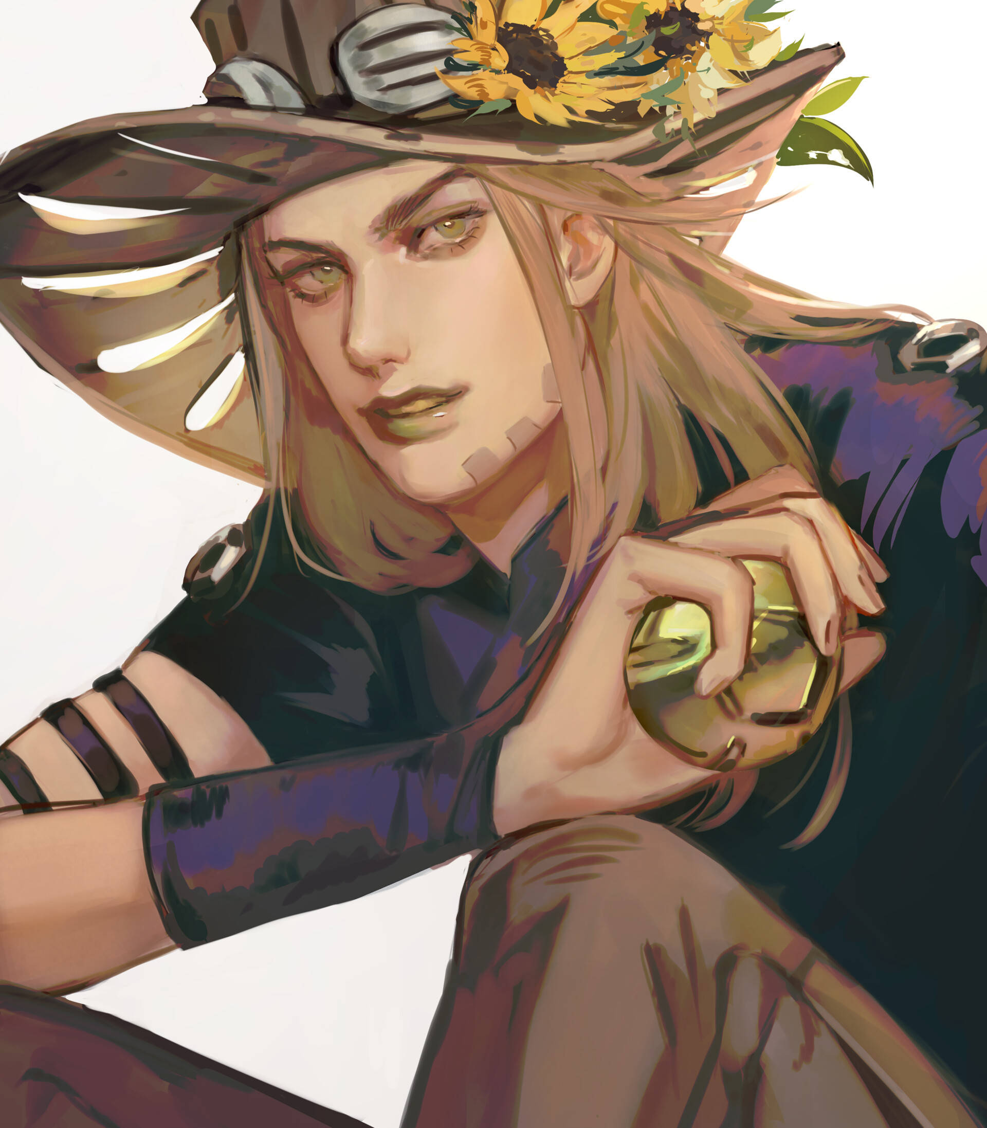Gyro Zeppeli 桌布 壁紙 — 一個風格化的動漫角色，金髮，戴著向日葵裝飾的帽子，在純白色背景前拿著一個金色球體。