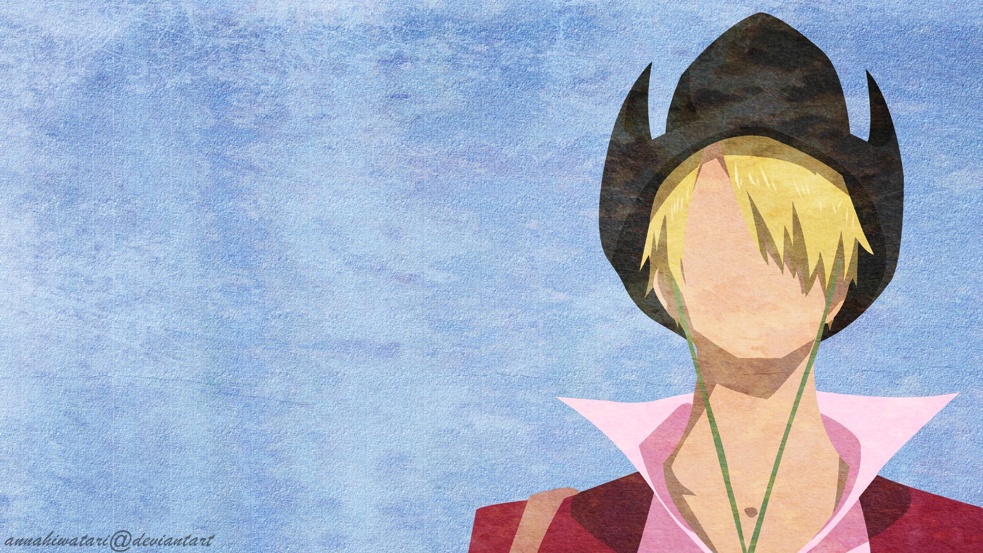 Sanji 桌布 壁紙 — 一個風格化的動漫角色，金髮，戴著黑色有角帽子，站在有紋理的藍天背景前。