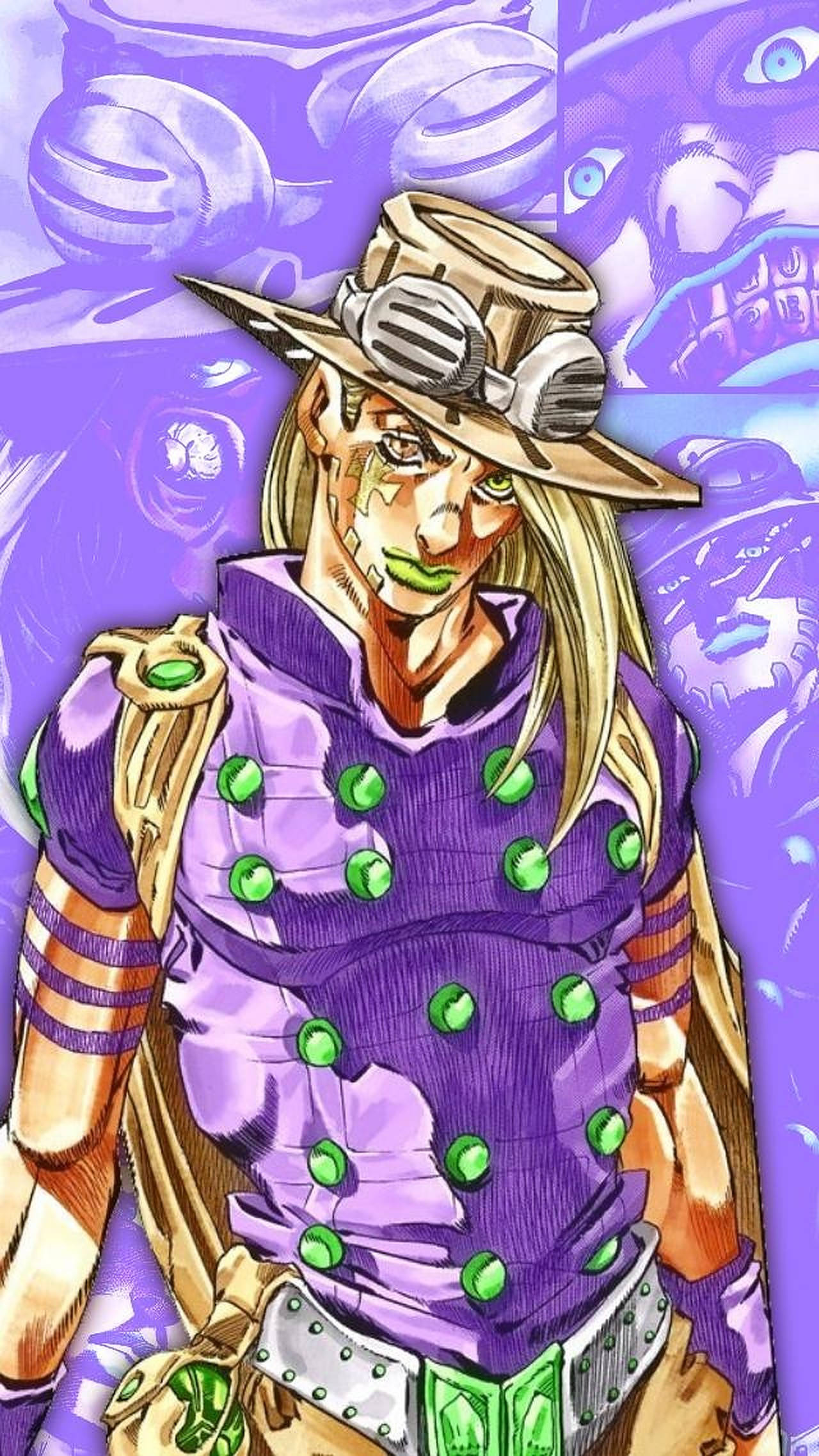 Gyro Zeppeli 桌布 壁紙 — 一個風格化的動漫角色，金髮，穿著帶有綠色紐扣的紫色服裝，站在充滿漂浮眼睛和機械元素的鮮豔紫色背景前。