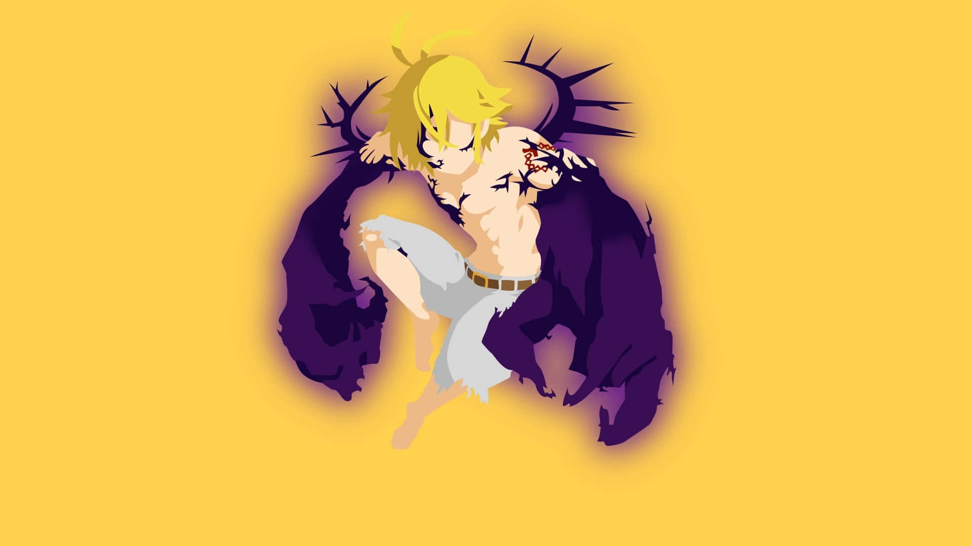 Anime Minimalist 桌布 壁紙 — 一個風格化的動漫角色，金髮，穿著破爛的白色服裝，從深紫色陰影中出現在充滿活力的黃色背景上。
