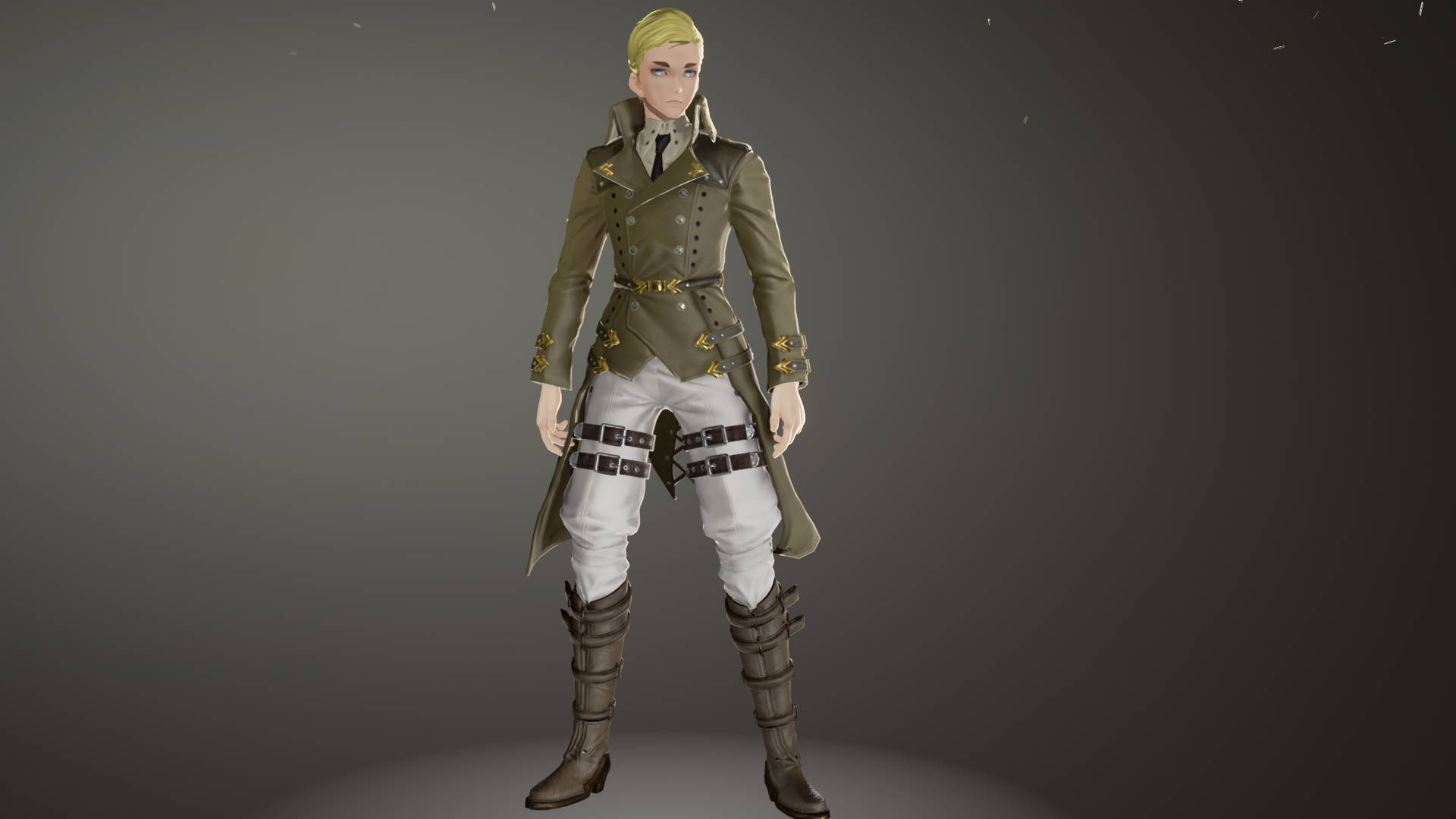 Erwin 桌布 壁紙 — 一個風格化的動漫角色，金髮，穿著細節豐富的軍事風格服裝，站在純灰色背景前。