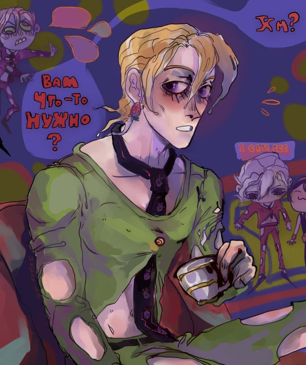 Pannacotta Fugo 桌布 壁紙 — 一個風格化的動漫角色，金髮，穿著綠色破爛襯衫，拿著杯子，周圍漂浮著對話氣泡和較小的角色。
