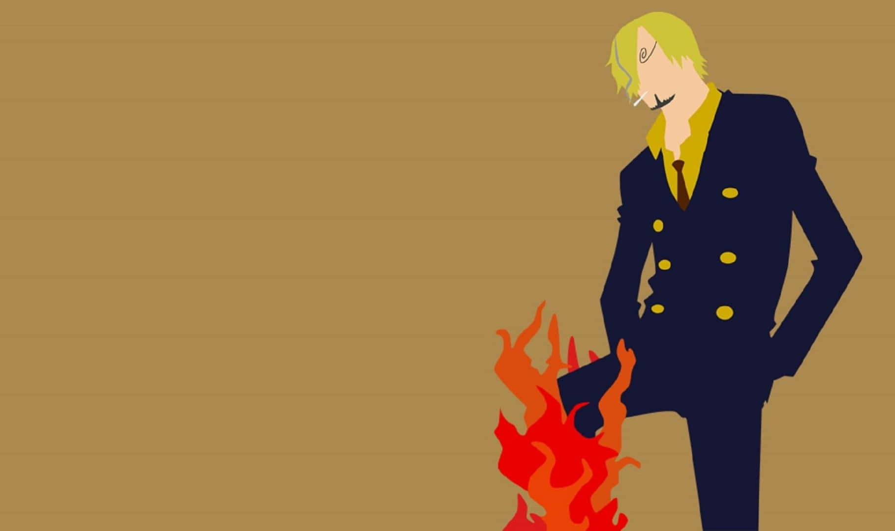 Sanji 桌布 壁紙 — 一個風格化的動漫角色，金髮，身穿海軍藍西裝，自信地站在溫暖棕色背景前一個鮮豔的橙色火焰旁邊。