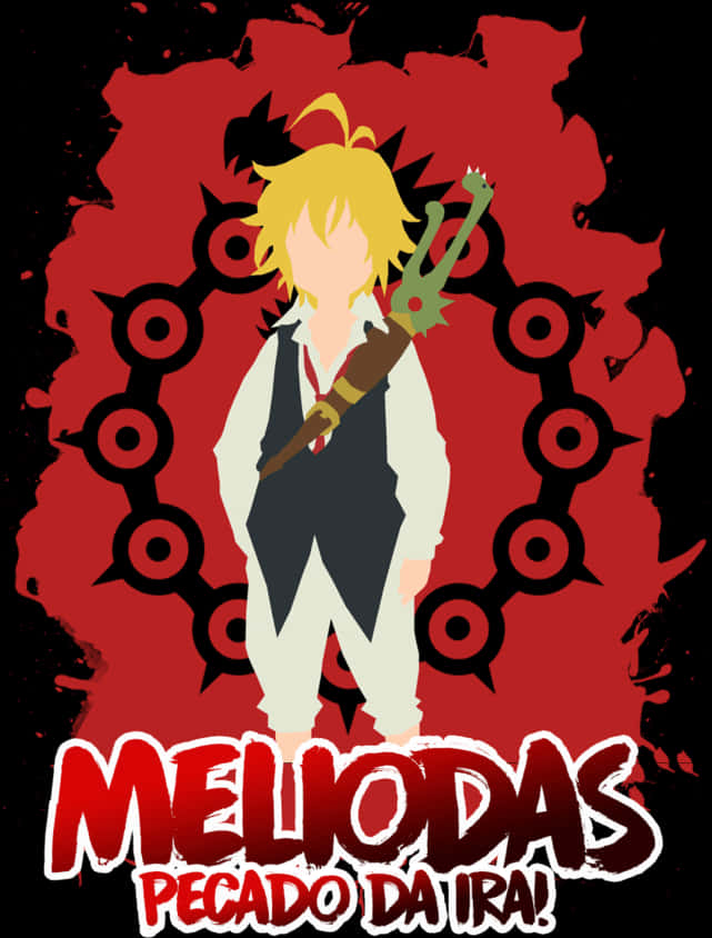 Meliodas 桌布 壁紙 — 一個風格化的動漫角色，金髮持劍，站在帶有黑色圓形圖案和粗體文字的紅色背景前。